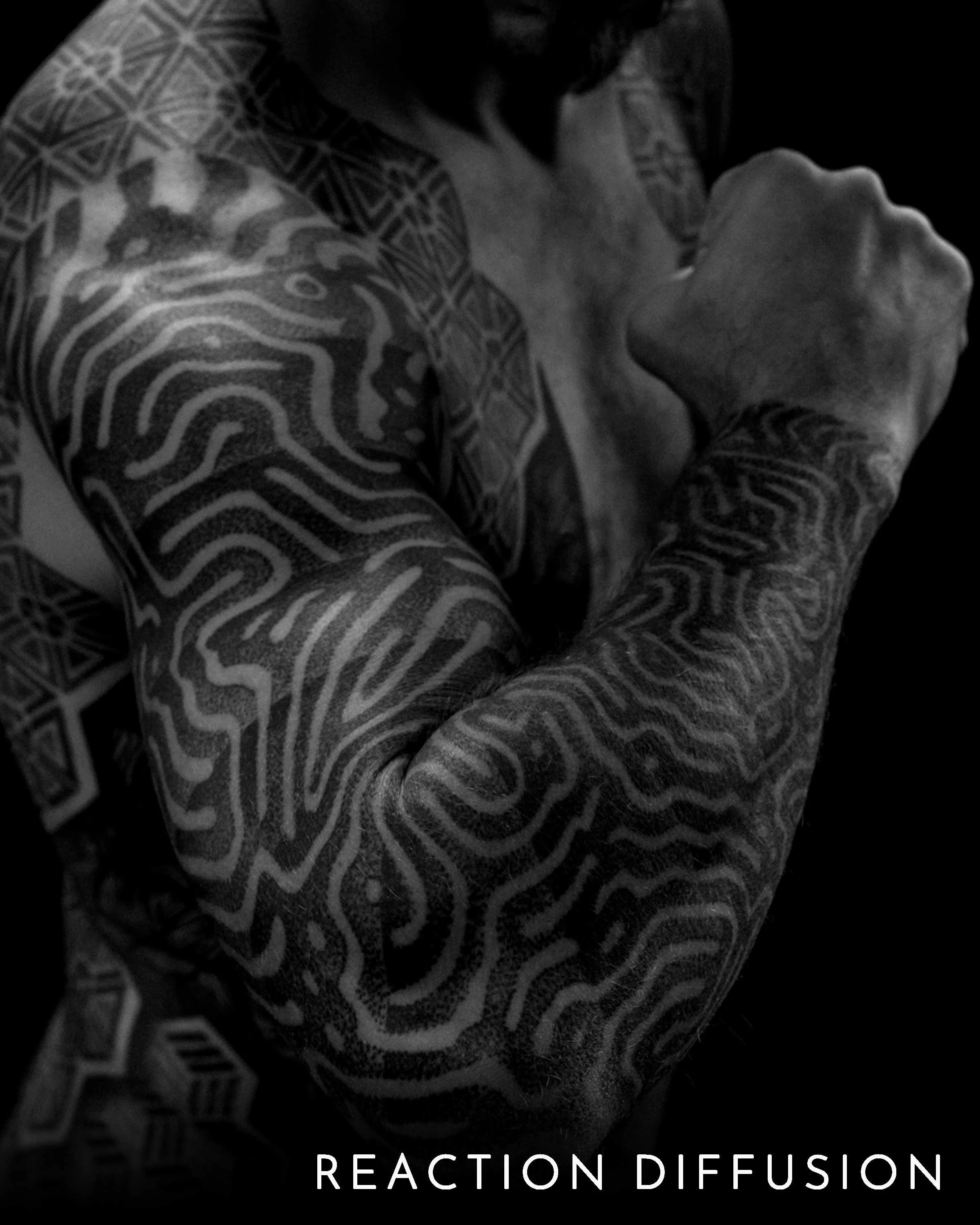 Reaction Diffusion tattoo by German tattoo artist Patrick Hüttlinger featuring organic geometric patterns inspired by natural growth systems.