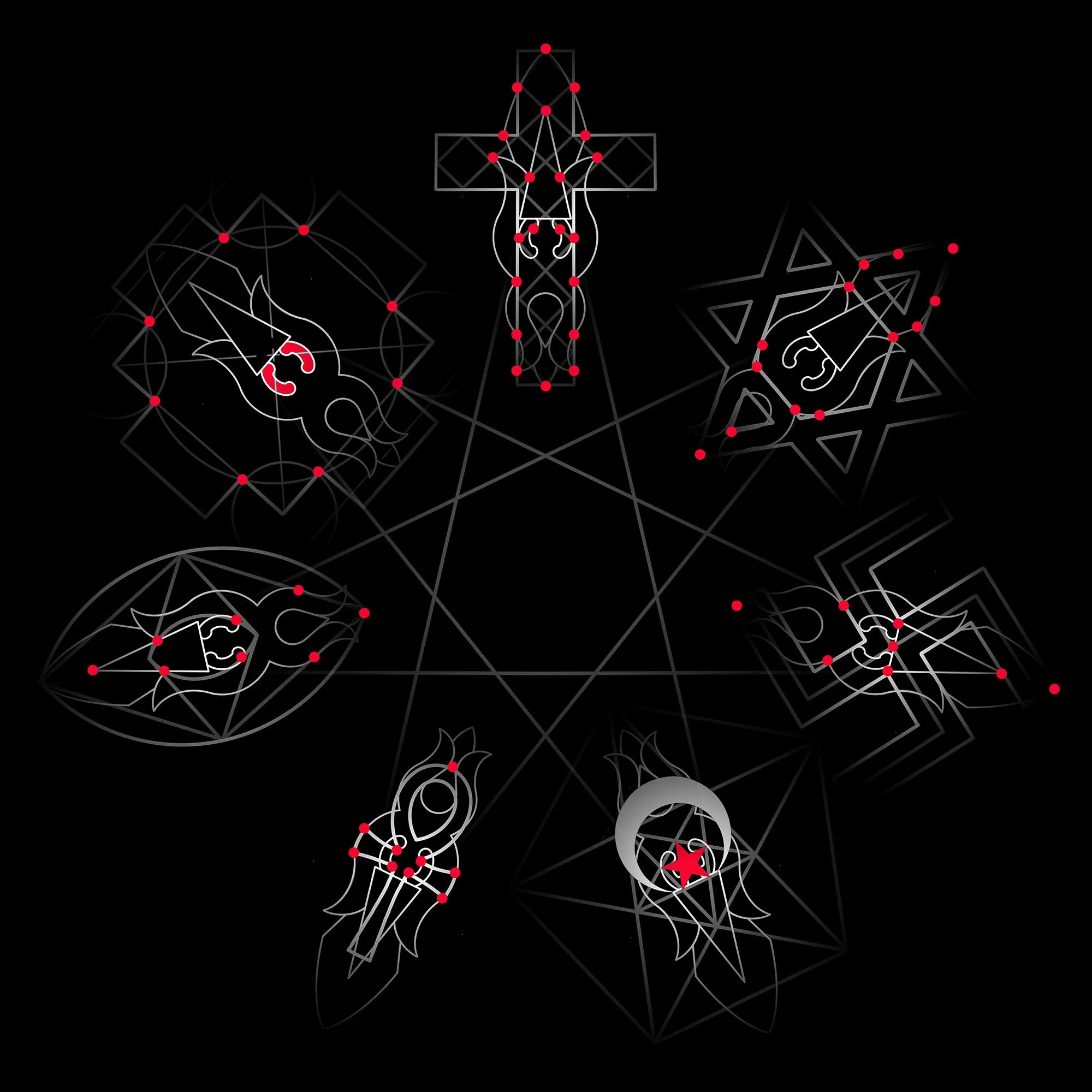 Overview of the Seven Symbols of Atlantis, illustrating seven interconnected sacred geometry symbols forming a holistic symbolic system by Patrick Hüttlinger.