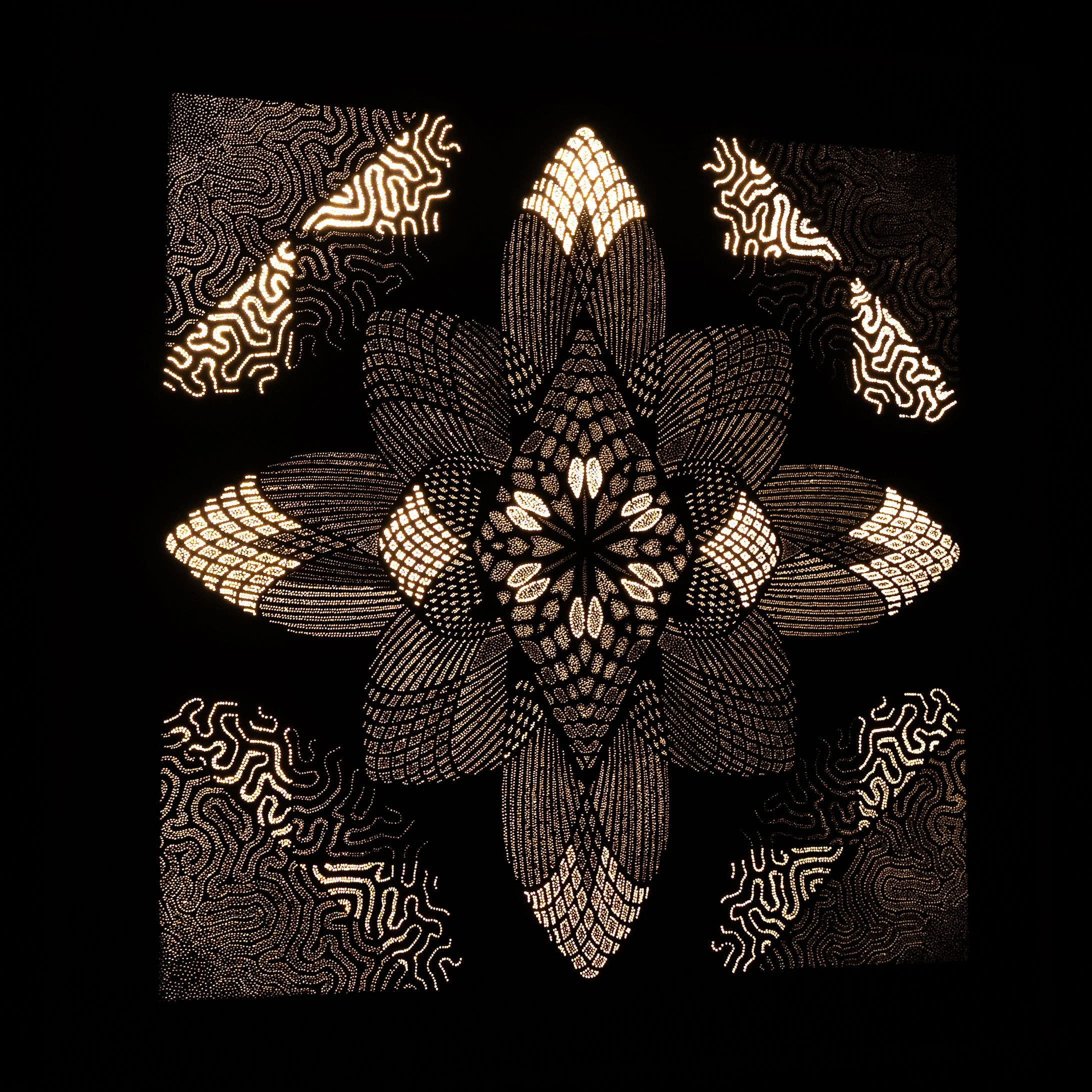 Left-side view of Flora Magnetica revealing the depth, hand-drilled perforations and sculptural construction of the Photonic Pointillism Lightwork.