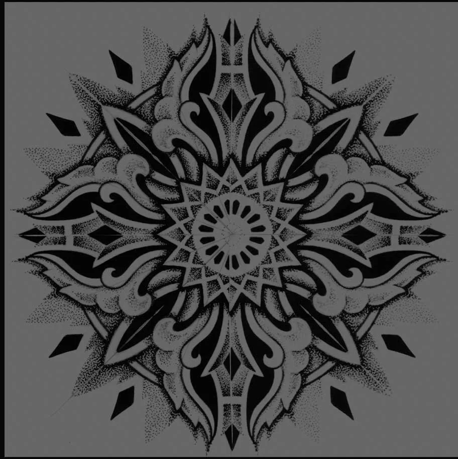 Sacred geometry concept drawing illustrating the architectural planning process behind Patrick Hüttlinger's Photonic Pointillism Lightworks.