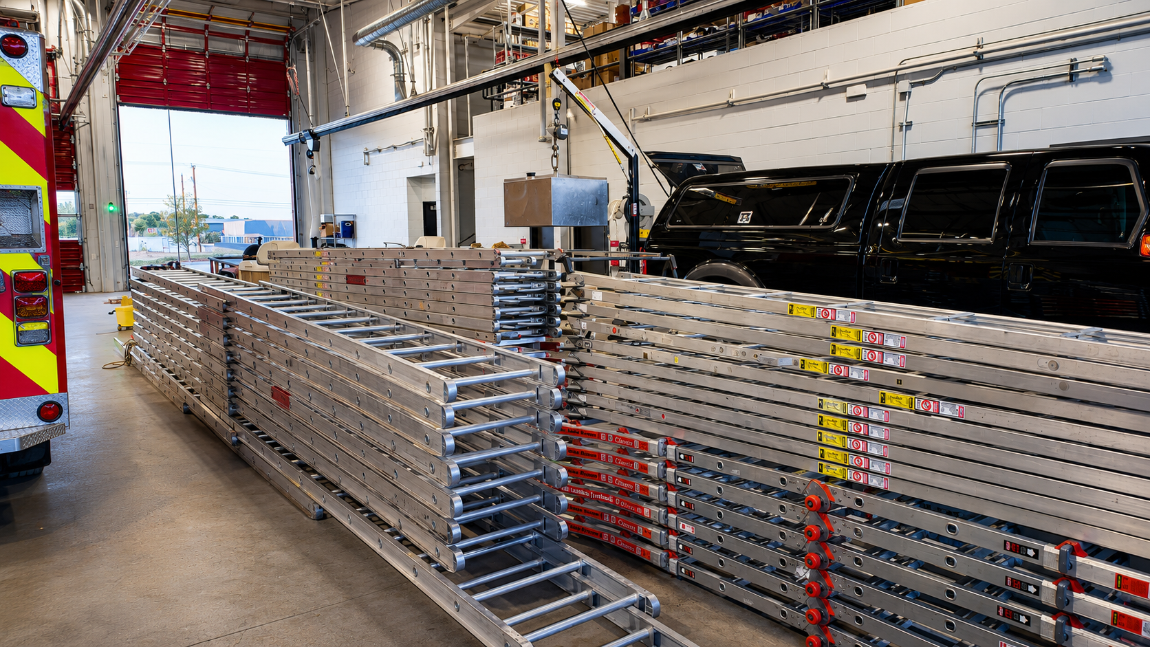 Ground ladder testing setup inside a fire station bay