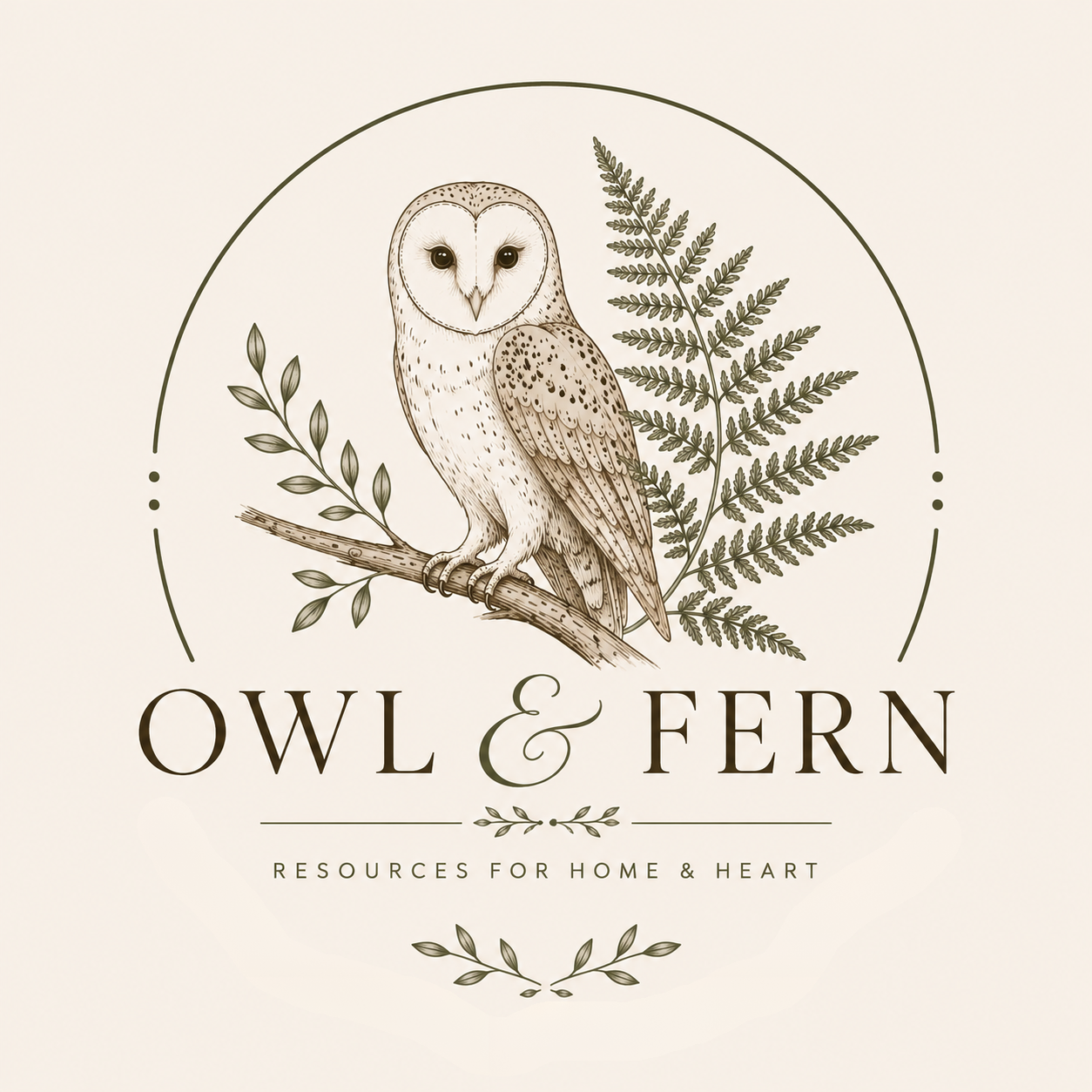 Illustration of an owl perched on a branch with fern and leafy foliage behind it, and the text 'Owl & Fern - Resources for Home & Heart' beneath.