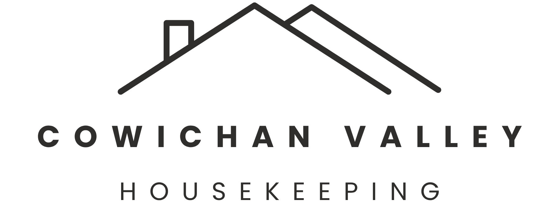 Logo for Cowichan Valley Housekeeping, featuring a stylized house with a roof and chimney and the text 'Cowichan Valley Housekeeping' beneath it.