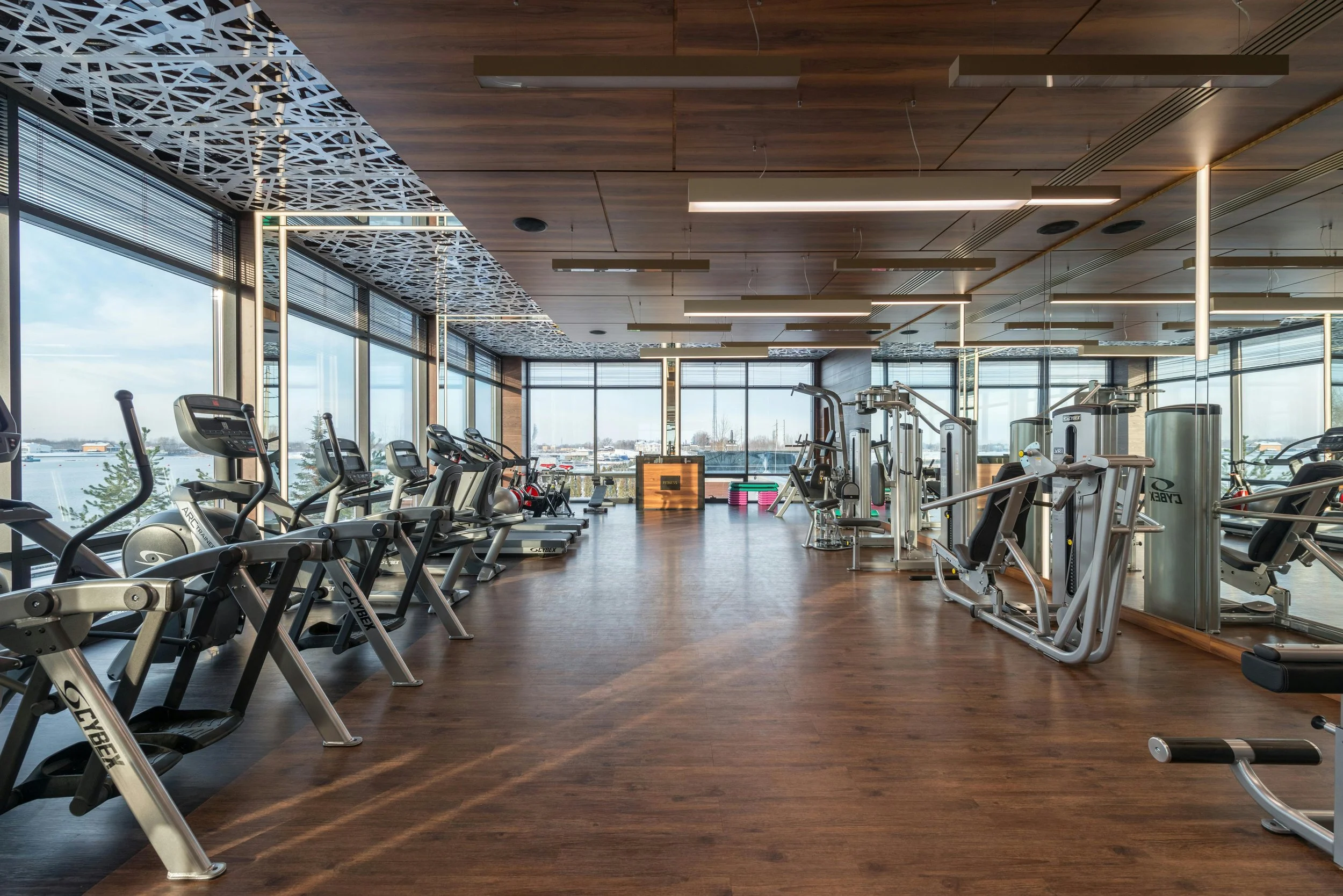 Modern gym with cardio and strength equipment, wood flooring, large windows, and ceiling lighting.