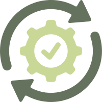 Icon of a gear with a check mark inside, surrounded by two circular arrows indicating process or cycle