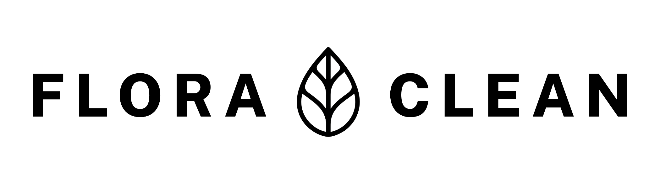 Logo with the words 'Flora Clean' separated by a leaf icon in the center.
