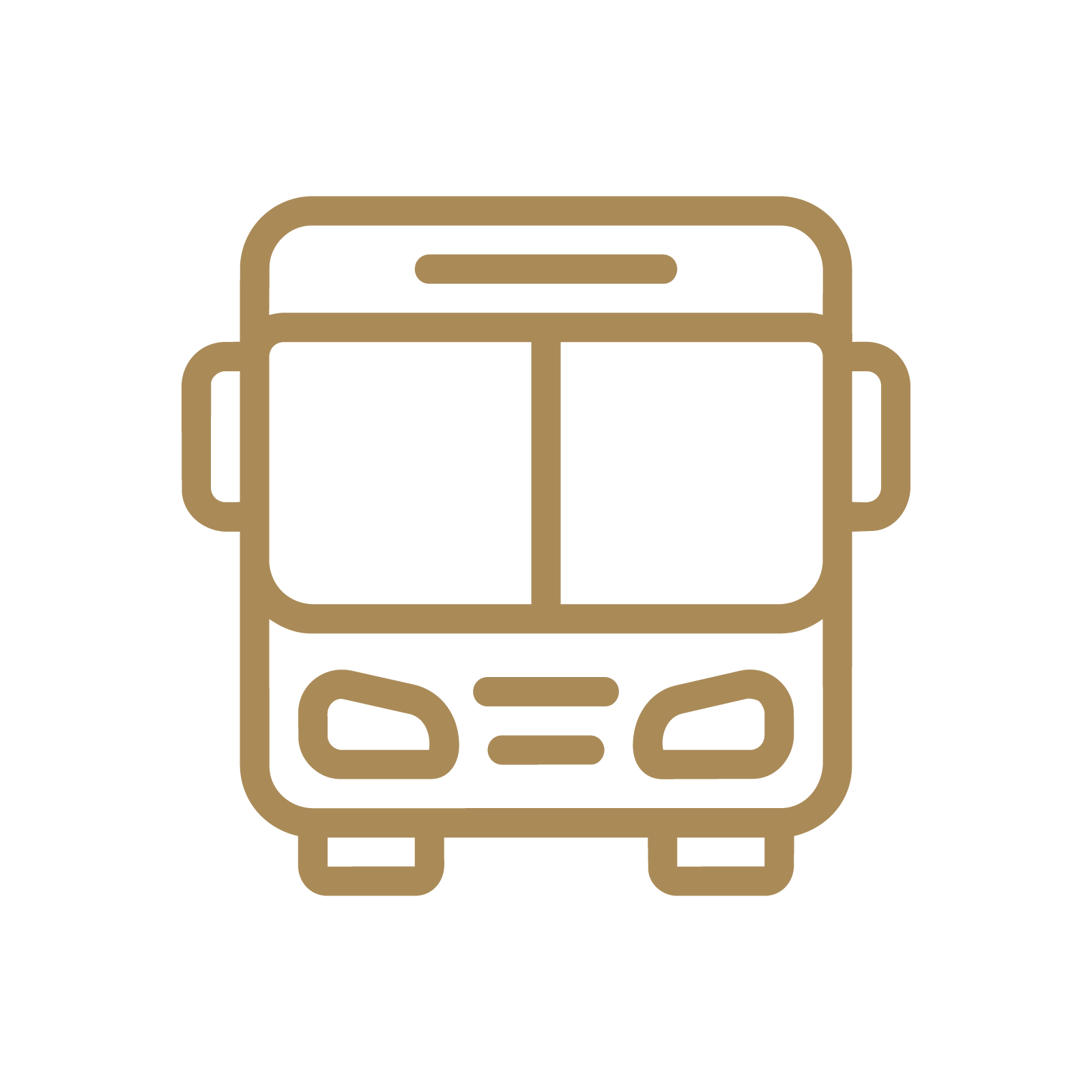 Line drawing of the front of a bus in beige color on a black background.