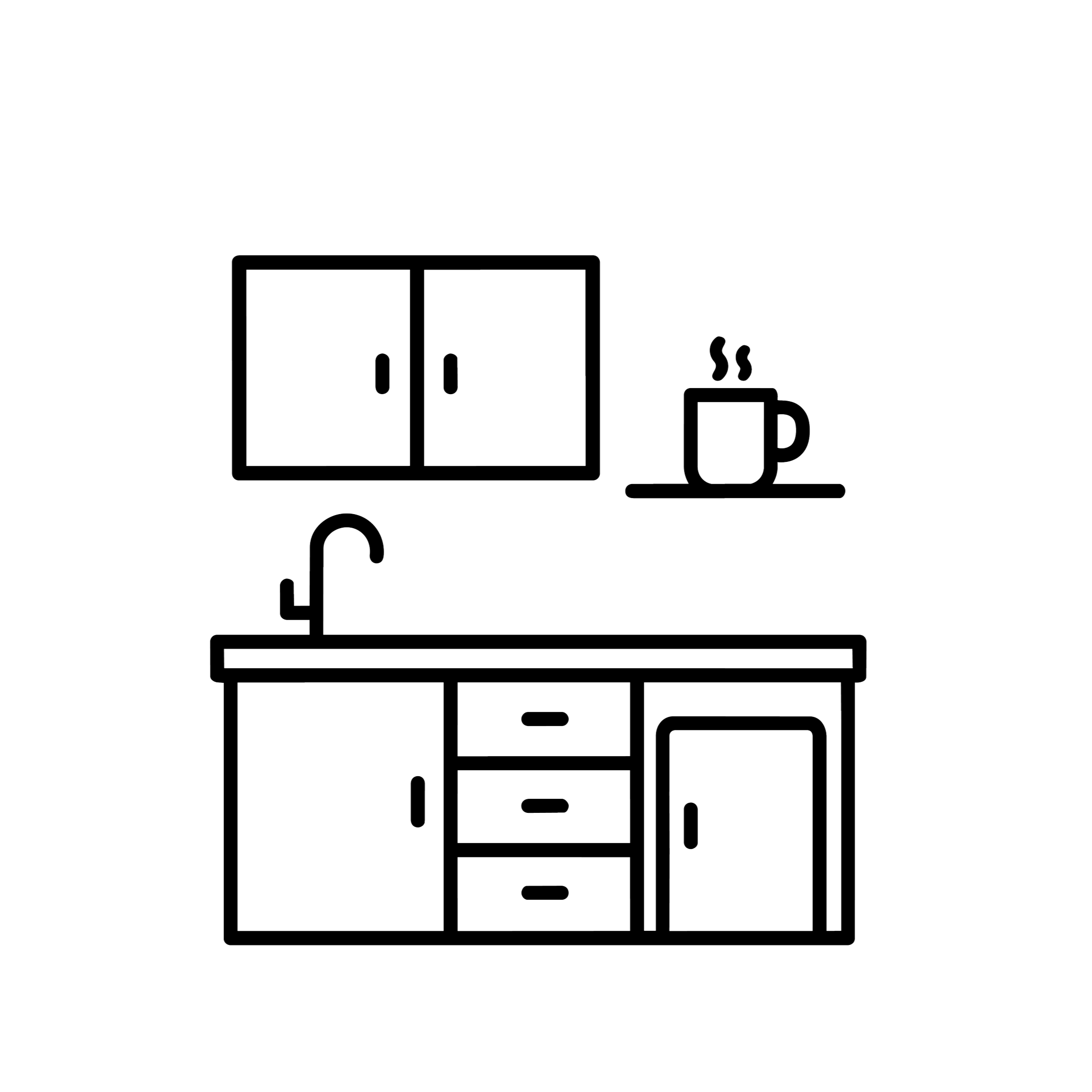 Line drawing of kitchen cabinets, a coffee mug with steam, and kitchen tools like a kettle and a pan.