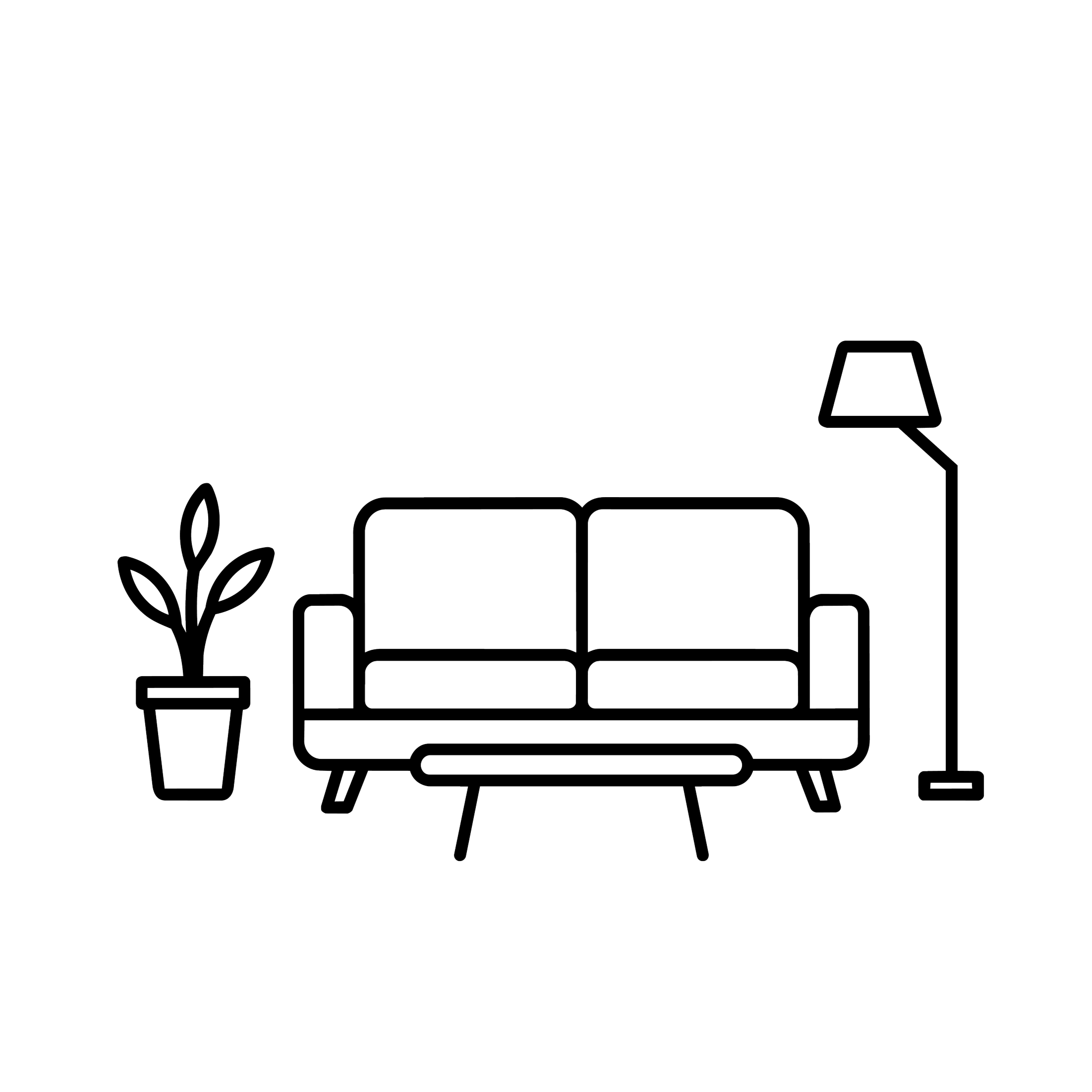 Outline drawing of a cozy living room with a sofa, a coffee table, a potted plant, a lamp on a side table, and a window.