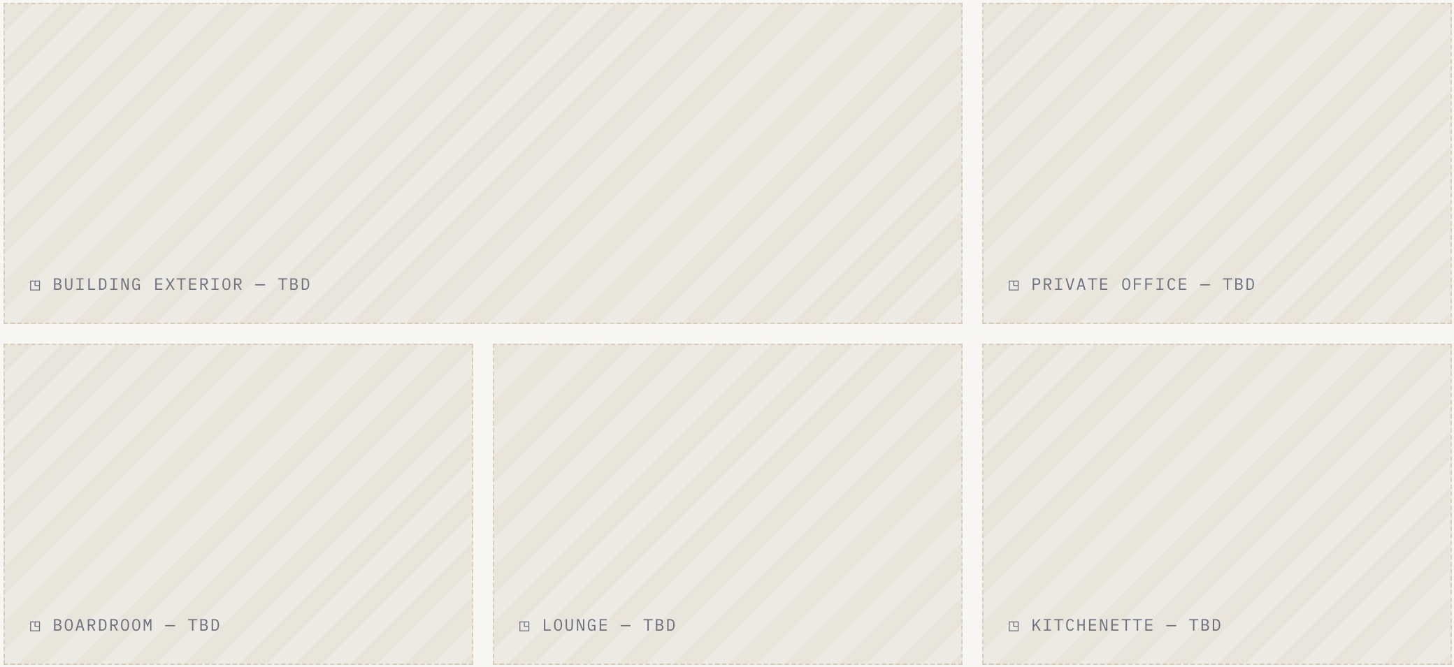 Blank landscape blueprint with labeled sections for building exterior, private office, boardroom, lounge, kitchenette, all marked as TBD.