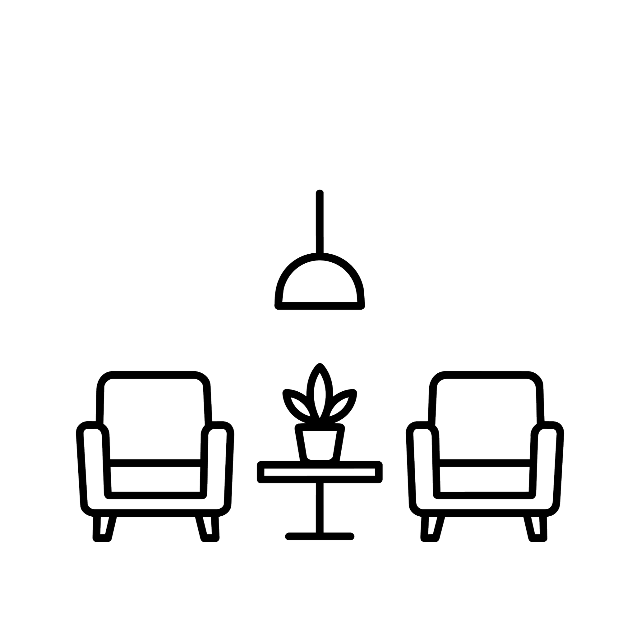 Outline drawing of a hanging light fixture with a round shade, suspended from a ceiling by a pipe, and surrounded by five framed pictures on the wall.