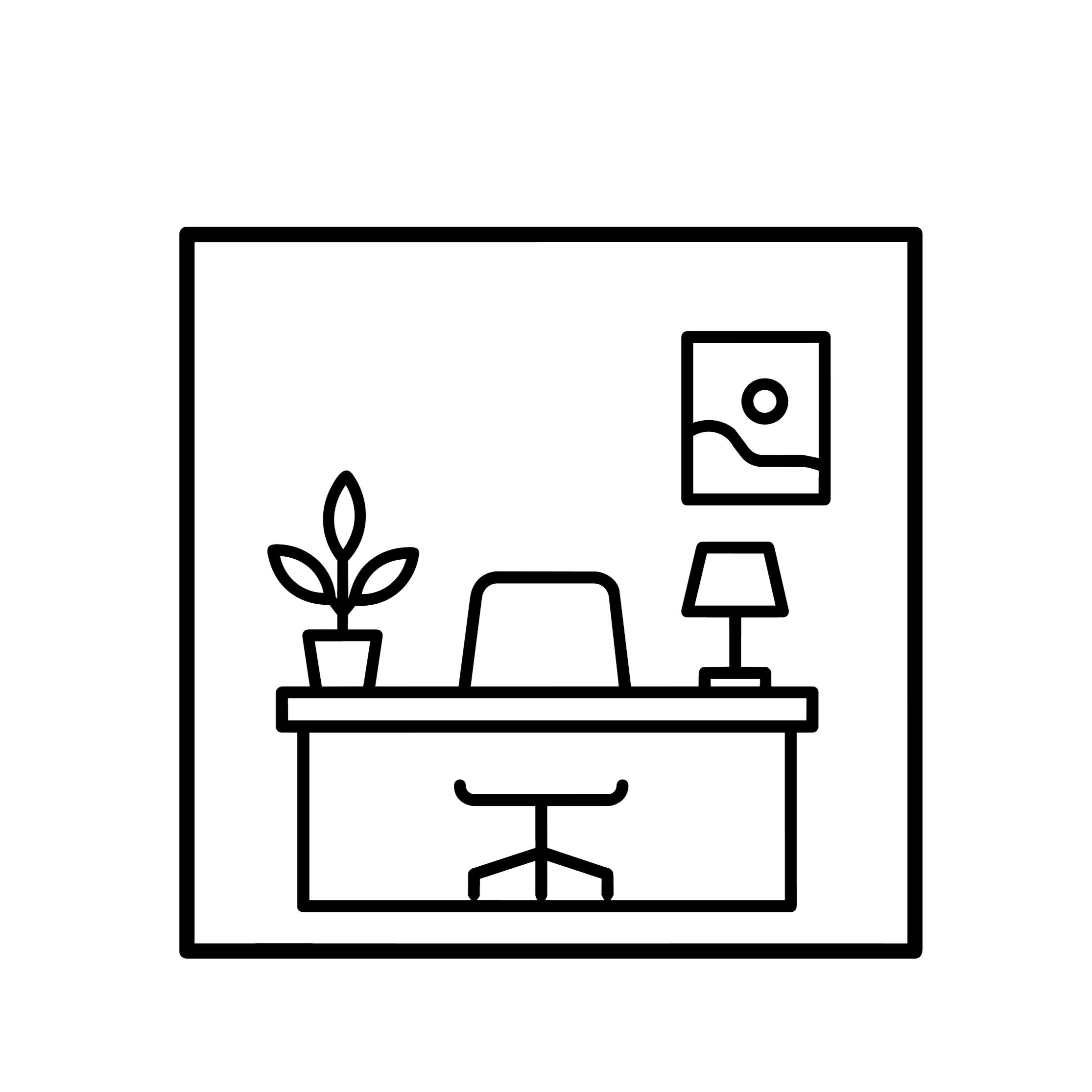 Line drawing of a bathroom vanity against a black background, featuring a mirror, a potted plant, a soap dispenser, a small bottle, a cup, a stool, and a lamp.