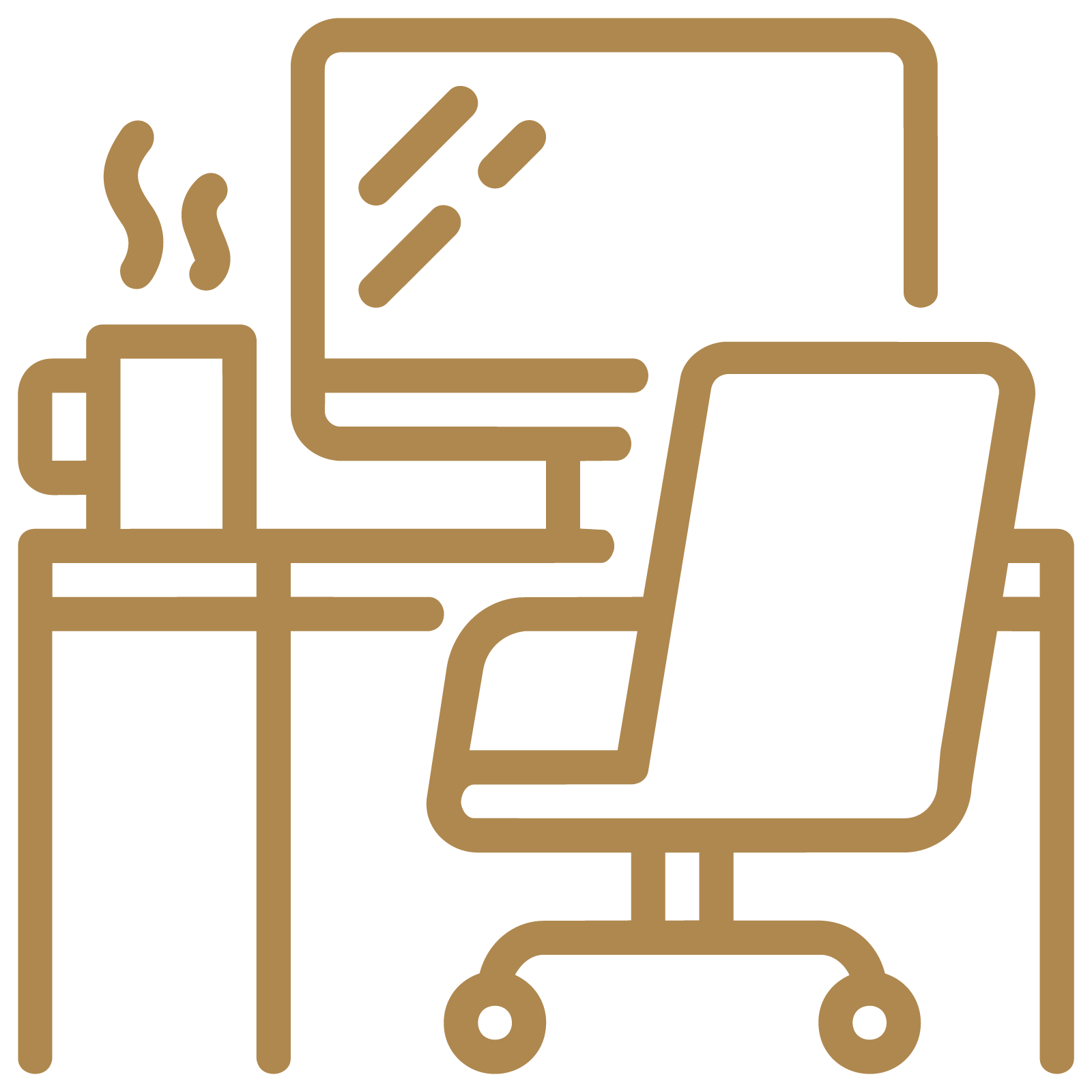 Line drawing of a desk with a computer monitor, a steaming coffee mug, a shelf with books, and an office chair with wheels