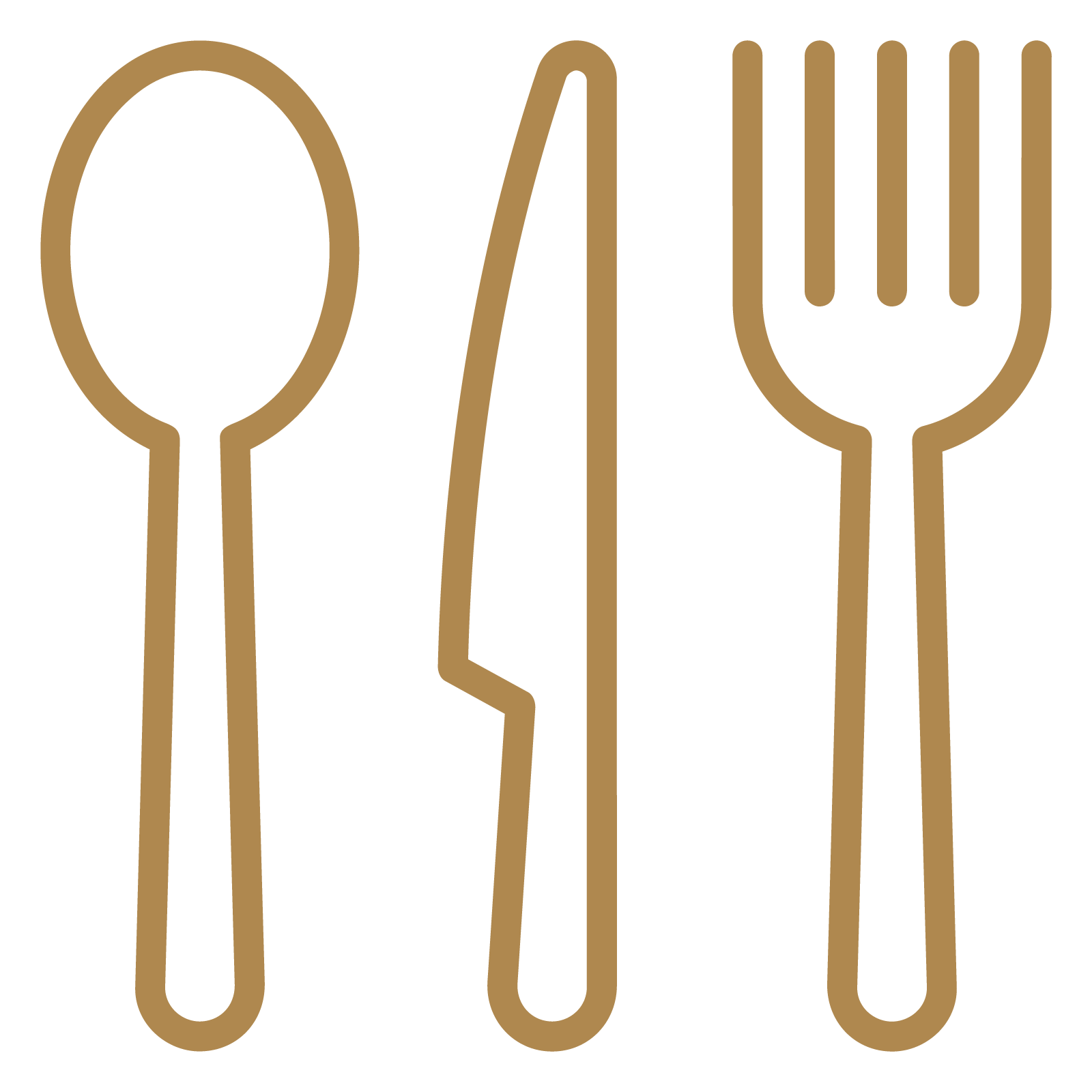 Outline illustration of a spoon, knife, fork, and spoon in gold color on a black background.