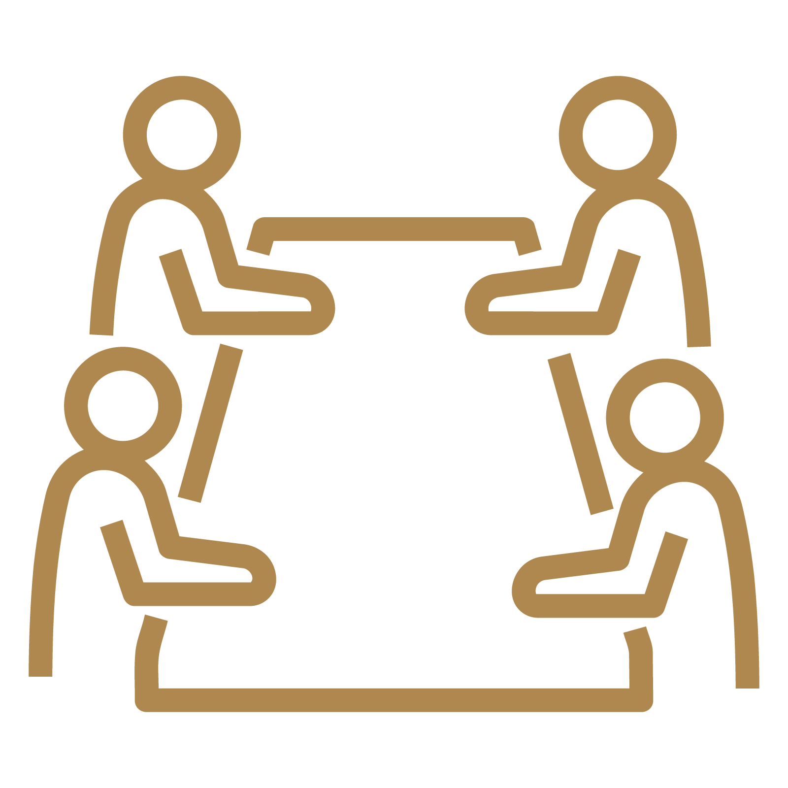 Line drawing of six people sitting around a rectangular table, facing each other.