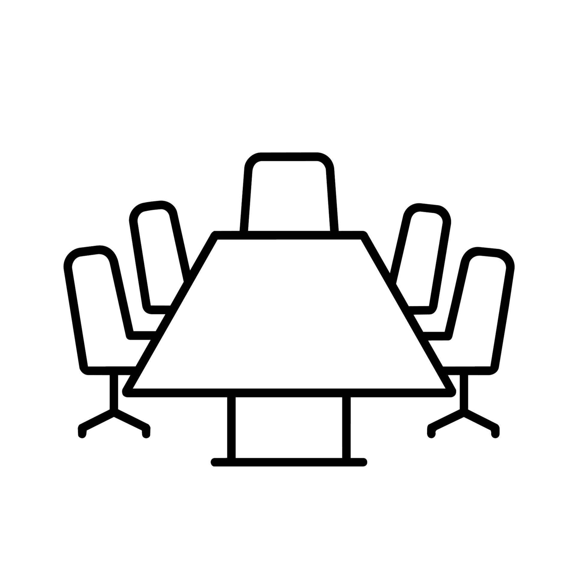 Line drawing of a conference room with a rectangular table, surrounded by eight chairs, viewed from above.