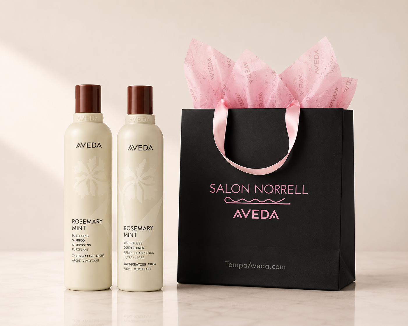 Refresh and revitalize hair with the Aveda Rosemary Mint duo. Featuring Rosemary Mint Purifying Shampoo and Weightless Conditioner, beautifully packaged and ready for gifting.