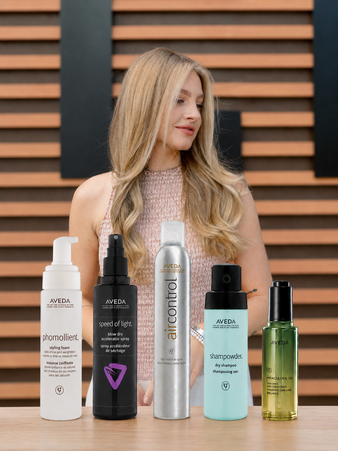 Aveda Signature Blowout Bundle featuring Phomollient Styling Foam, Speed of Light Blow Dry Accelerator Spray, Air Control Hair Spray, Shampowder Dry Shampoo, and Nutriplenish Multi-Use Hair Oil for volume, shine, and salon-quality blowouts.