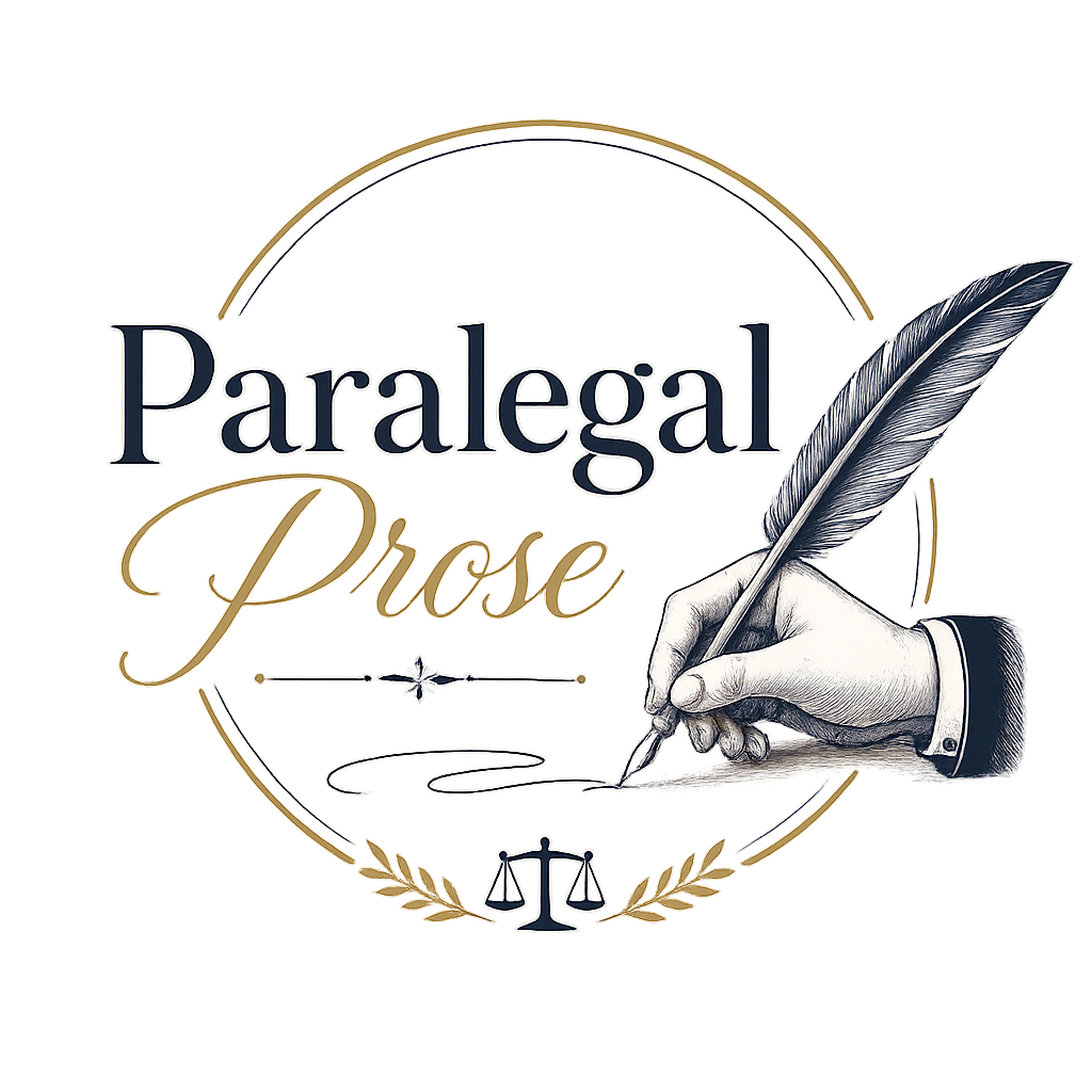Logo for Paralegal Prose featuring a hand holding a feather quill pen and a scale of justice with laurel branches, with a glowing circular background.