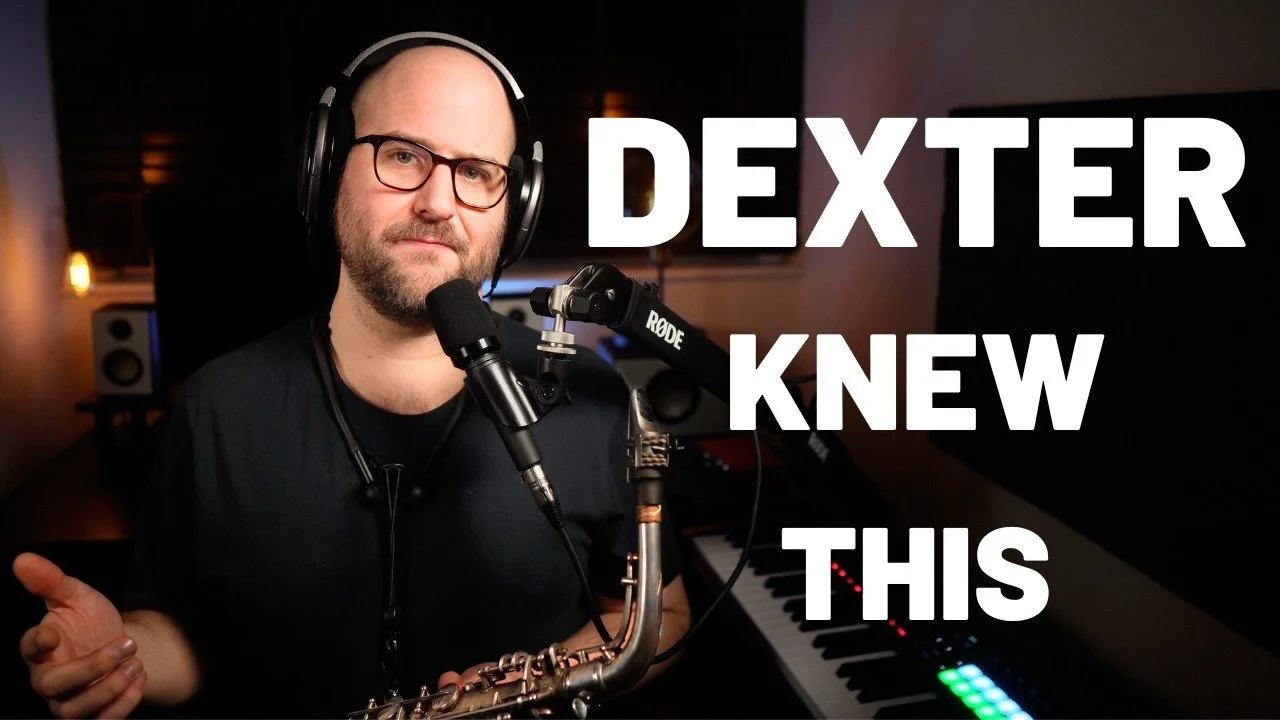 Mike Chillingworth looking into the camera holding a saxophone, with text overlay that reads 'DEXTER KNEW THIS'.