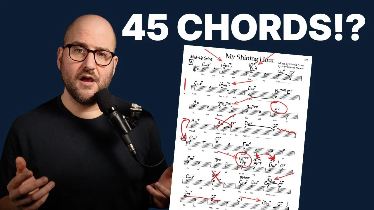 A man with glasses and a beard holding a microphone in front of a music sheet with annotations, and large text saying '45 CHORDS!?'