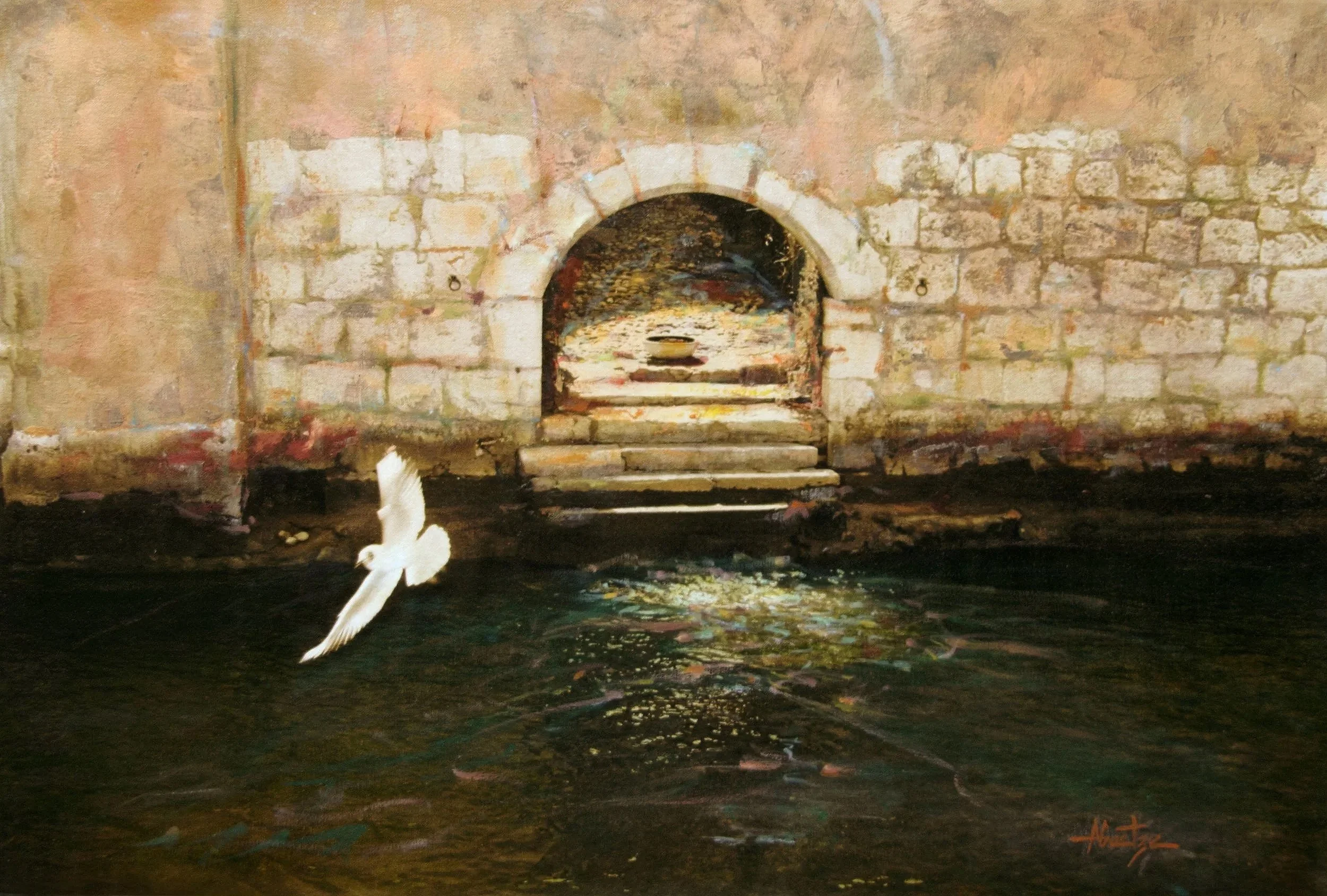 A painting of a stone brick oven with a small fire burning inside, steps leading up to the oven, and a white dove flying in front of the oven. The outdoor scene is painted with warm earthy tones.