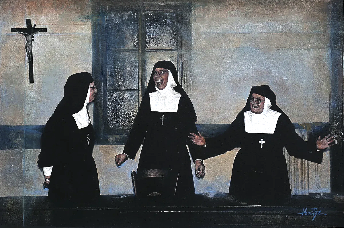 Three nuns dressed in traditional black and white habits are smiling and interacting inside a room with a window and a crucifix on the wall.