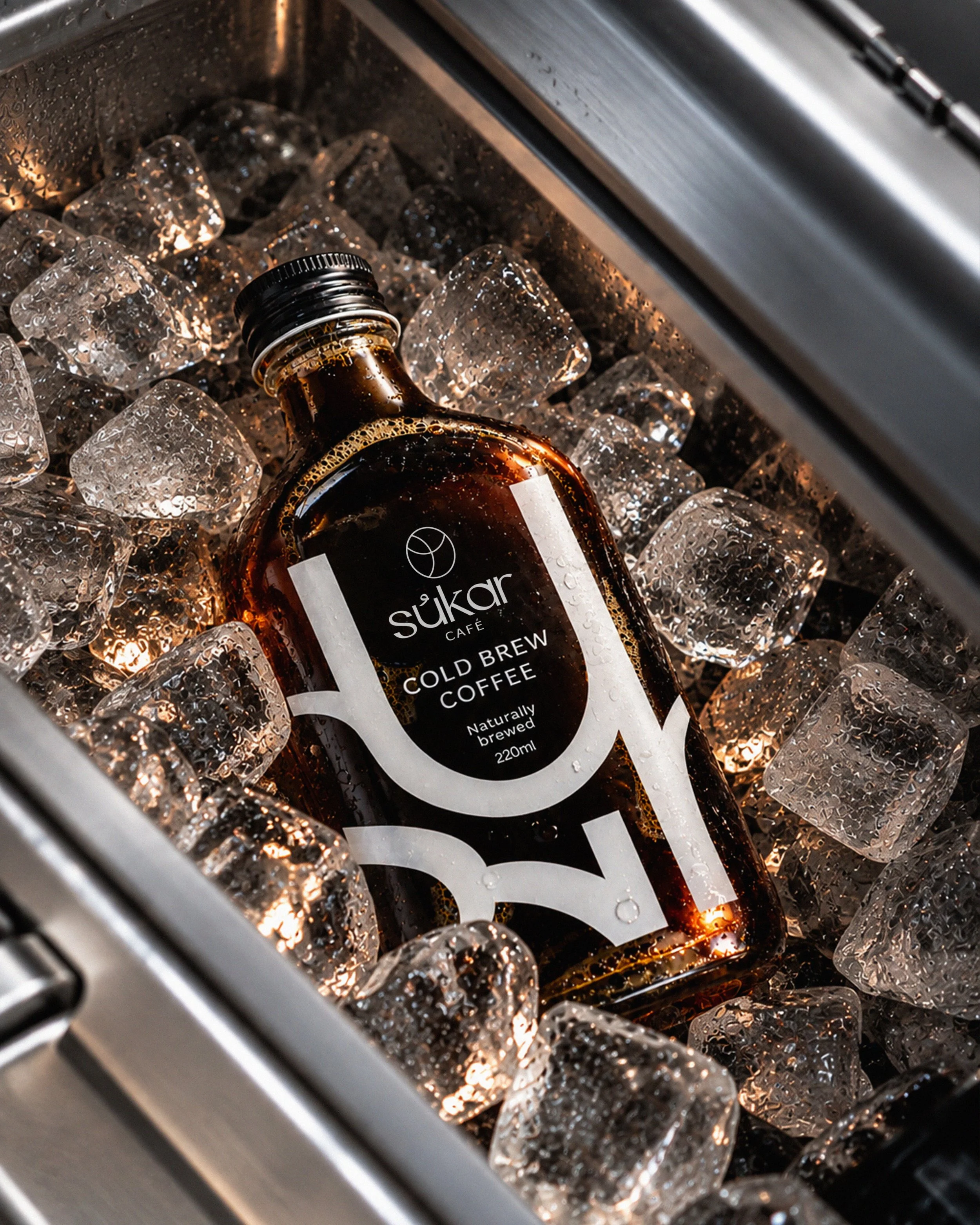 A brown glass bottle of Sukar cold brew coffee inside a freezer with ice cubes.