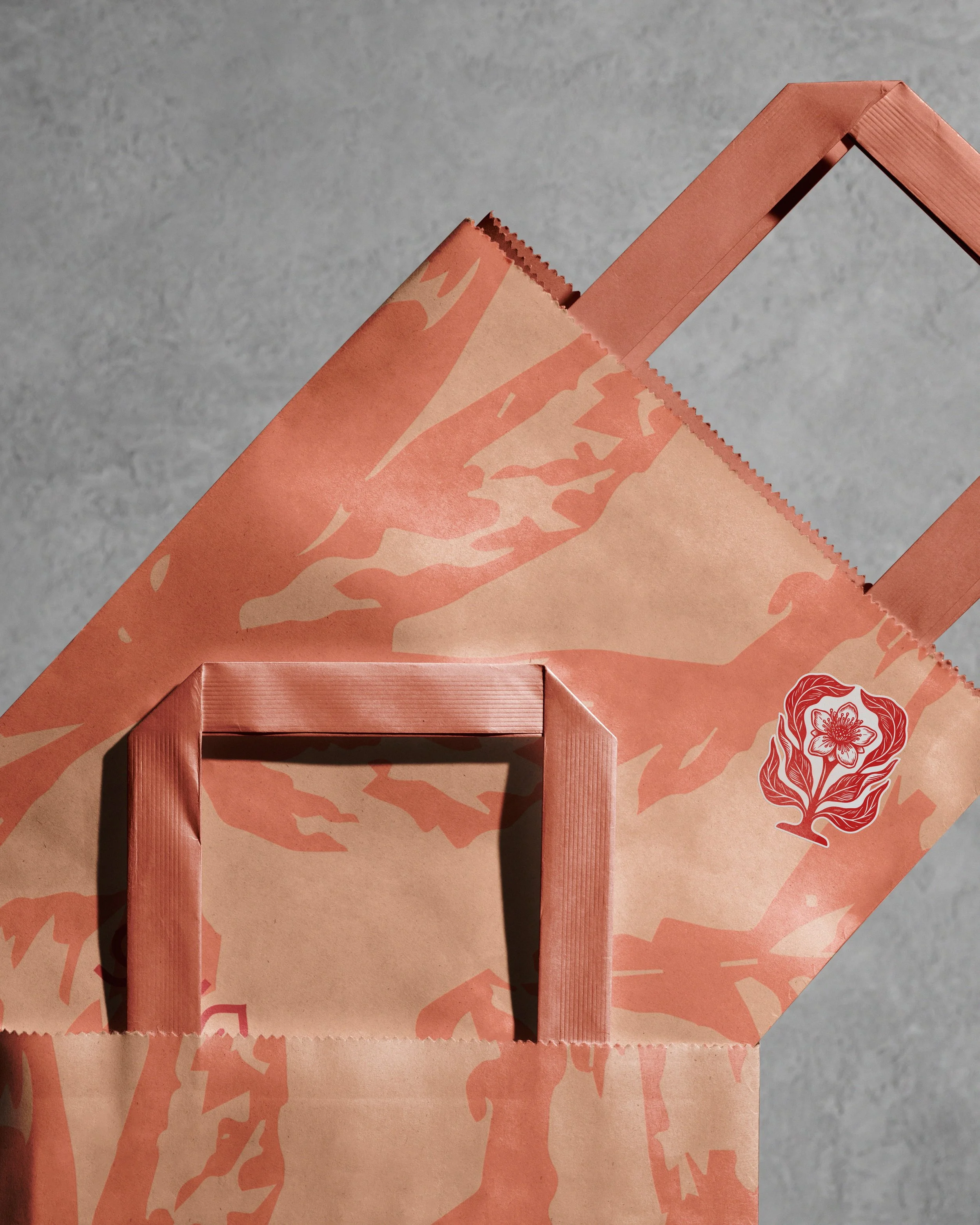 Pink paper bag with floral design and a matching pink frame, placed on top of a larger matching pink bag, against a gray background.
