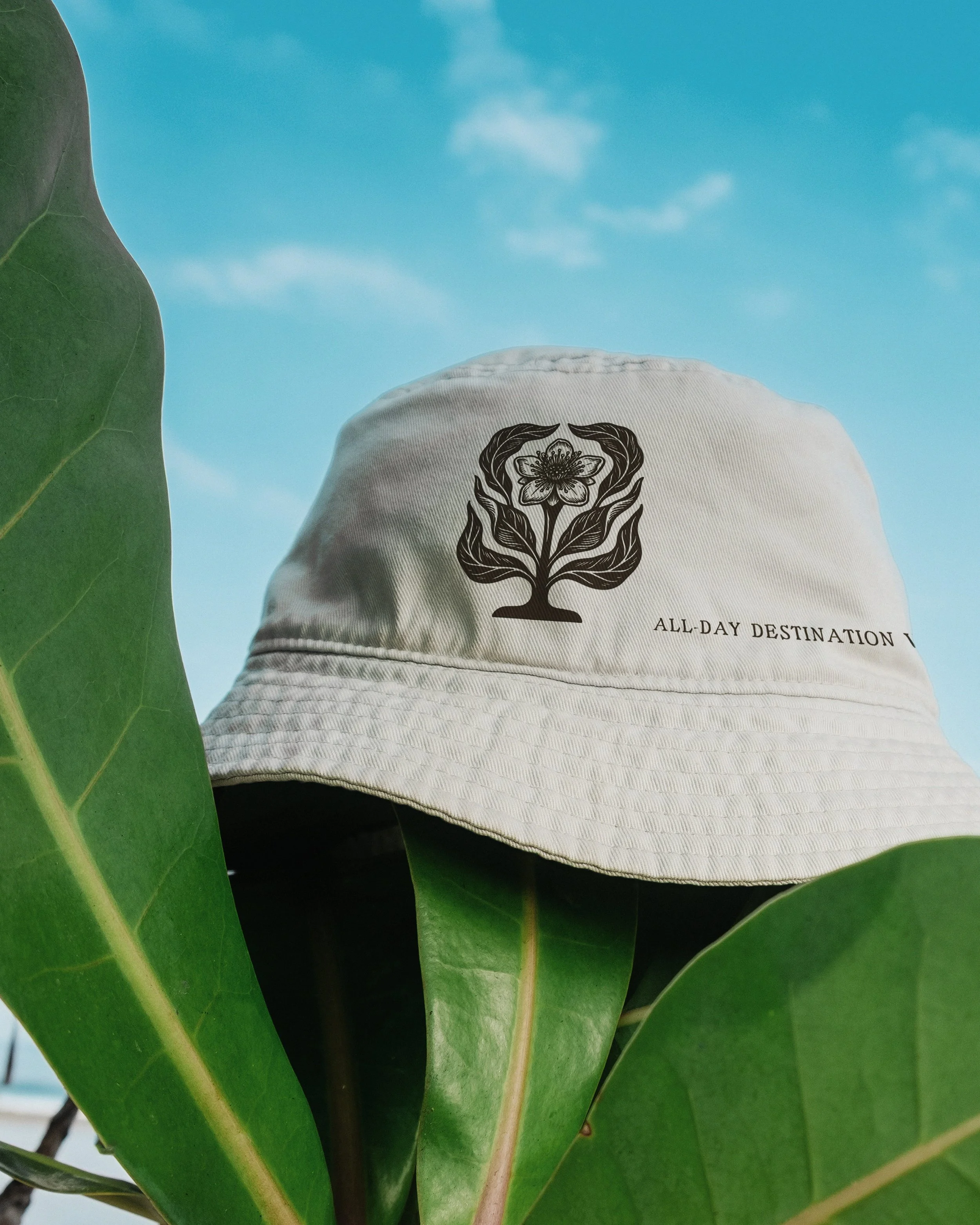 Close-up of green leaves and a white hat with a flower and text on it, against a blue sky with some clouds.