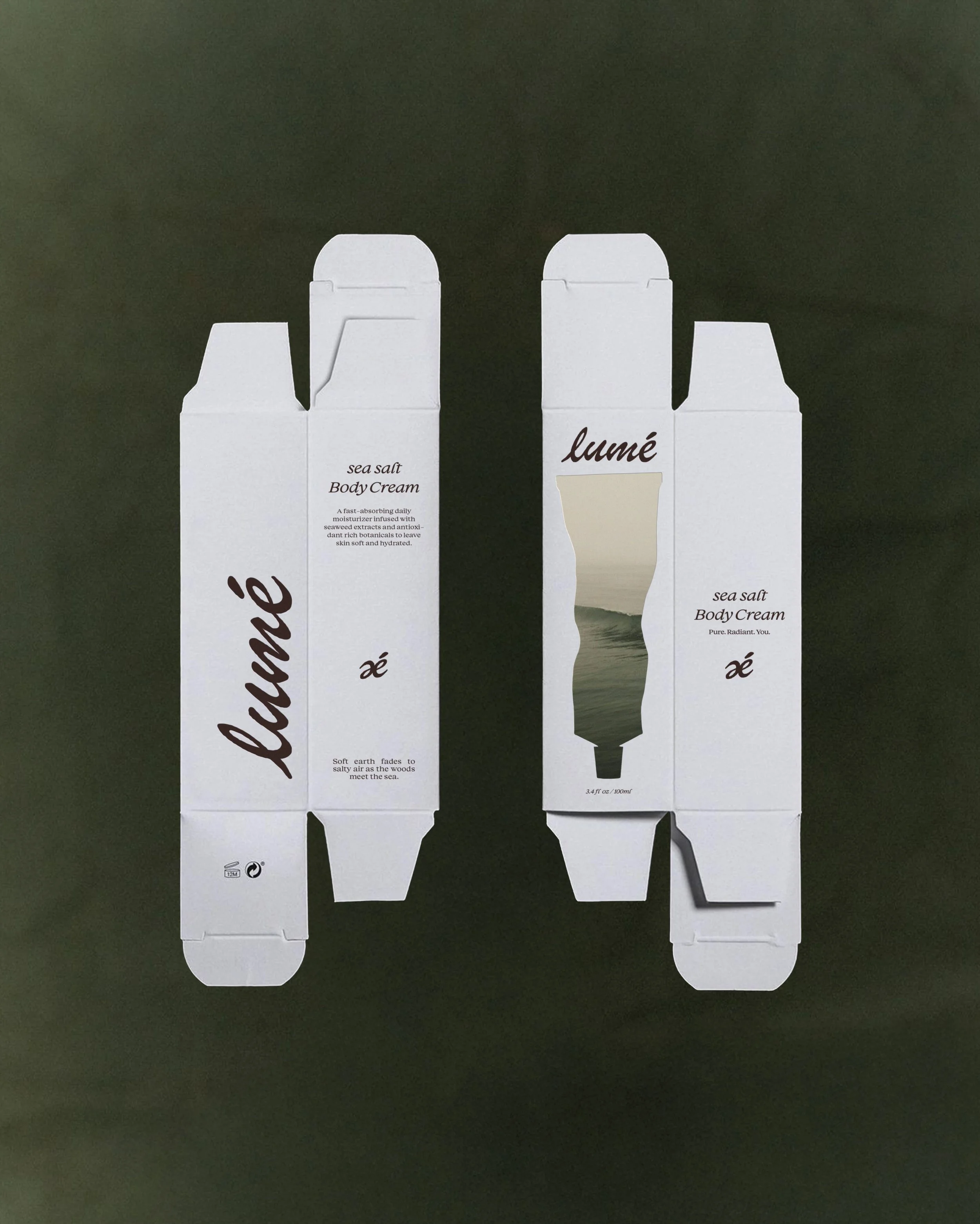 A cardboard box with flaps open displaying skincare product packaging for Sebamed Sea Salt Body Cream on a dark surface.