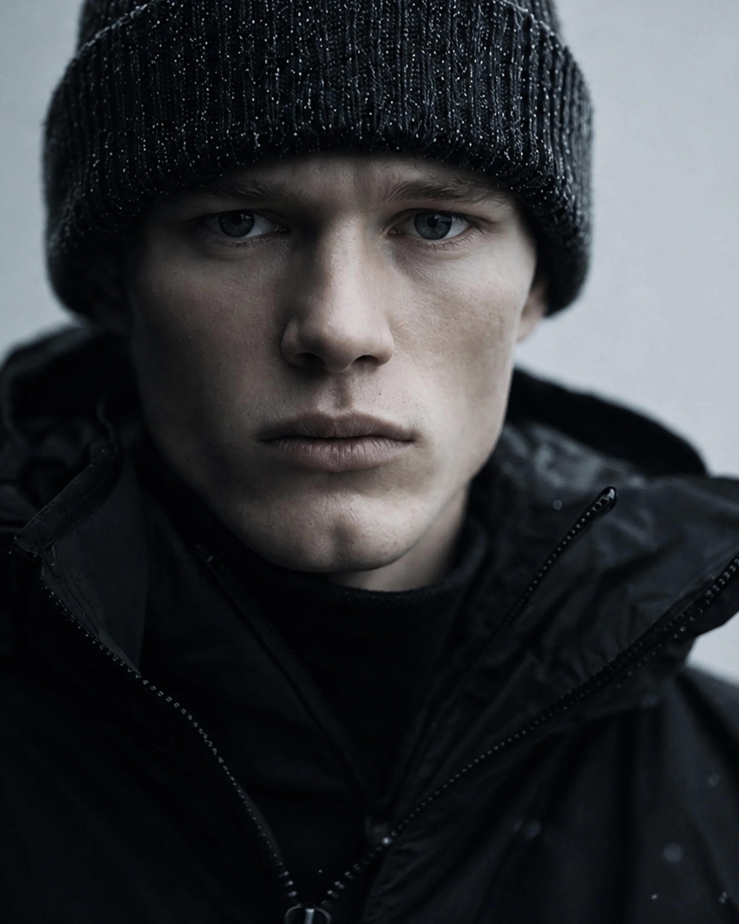 Close-up of a young person's face wearing a dark knit beanie and a black puffer jacket, with intense blue eyes and a serious expression.