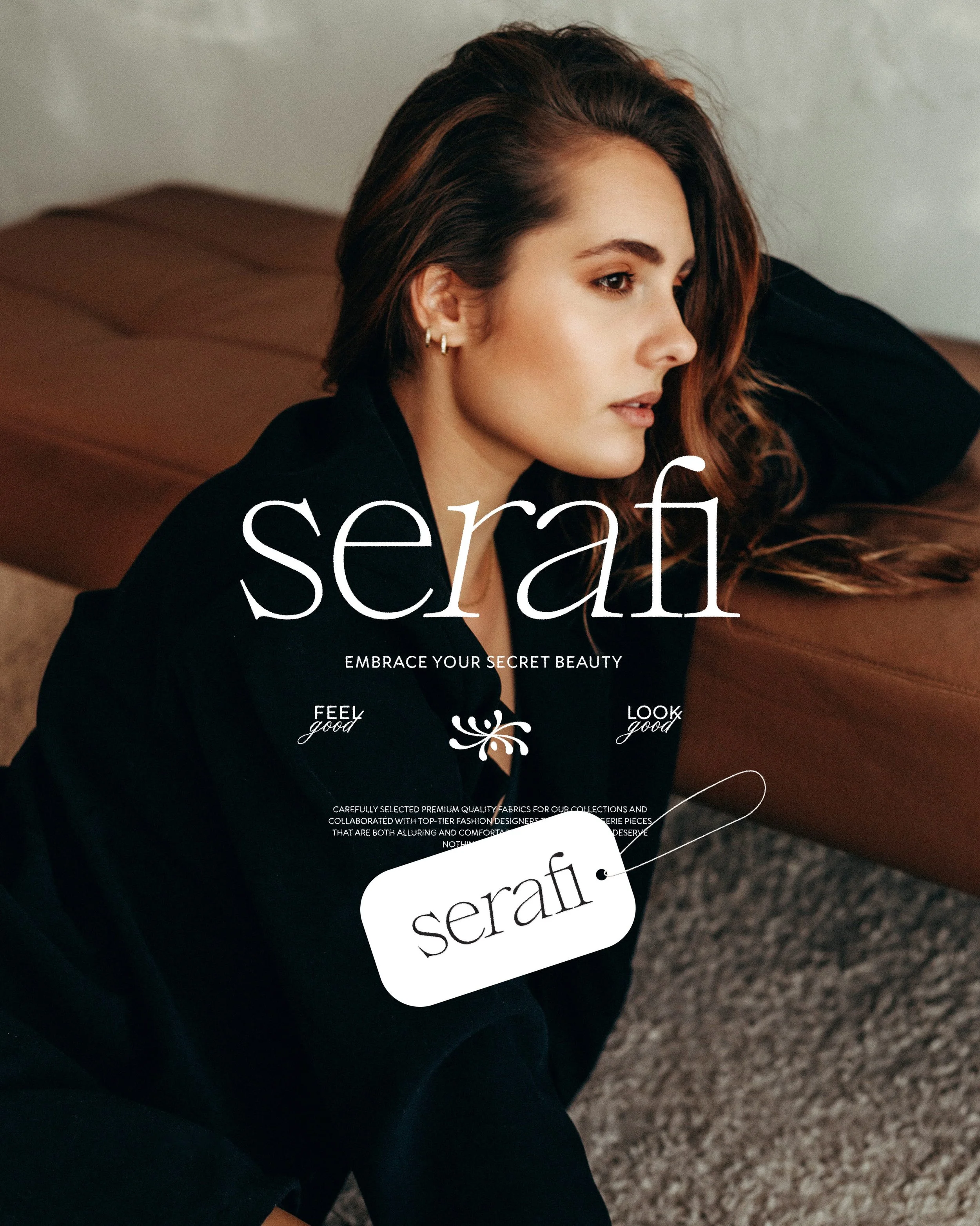 Close-up of a woman with shoulder-length brown hair styled in loose waves, wearing earrings, sitting on a brown sofa with textured carpet below, looking to the side, with the brand name 'serafi' and slogan 'Embrace your secret beauty' overlayed on th