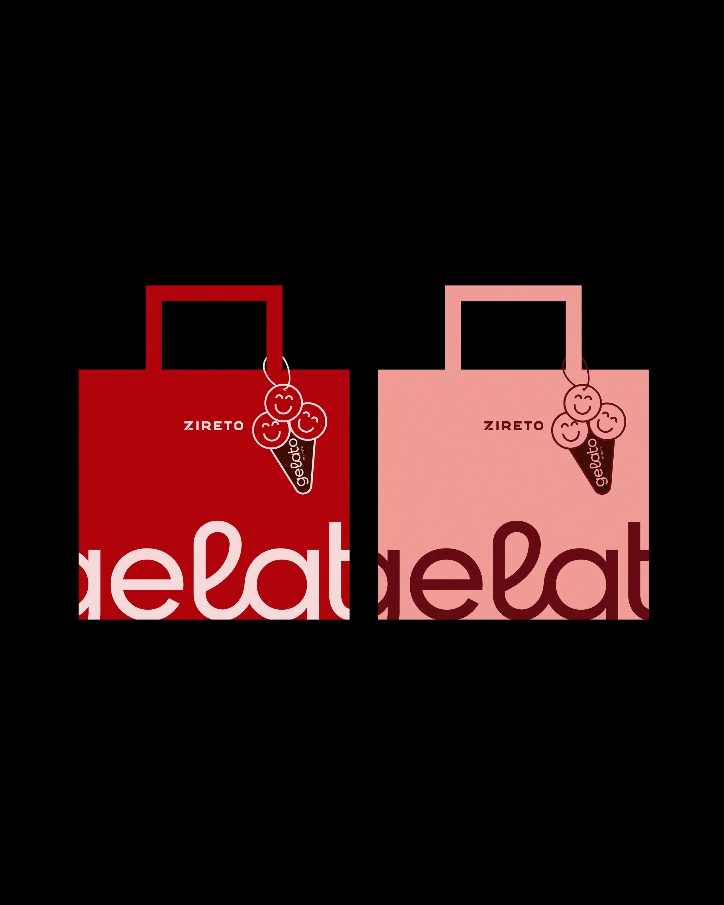 Two shopping bags, one red and one pink, with smiley face ice cream cones attached to the handles. The bags have the brand name 'ZIRETO' on them and the word 'gelato' written on the ice cream cones.
