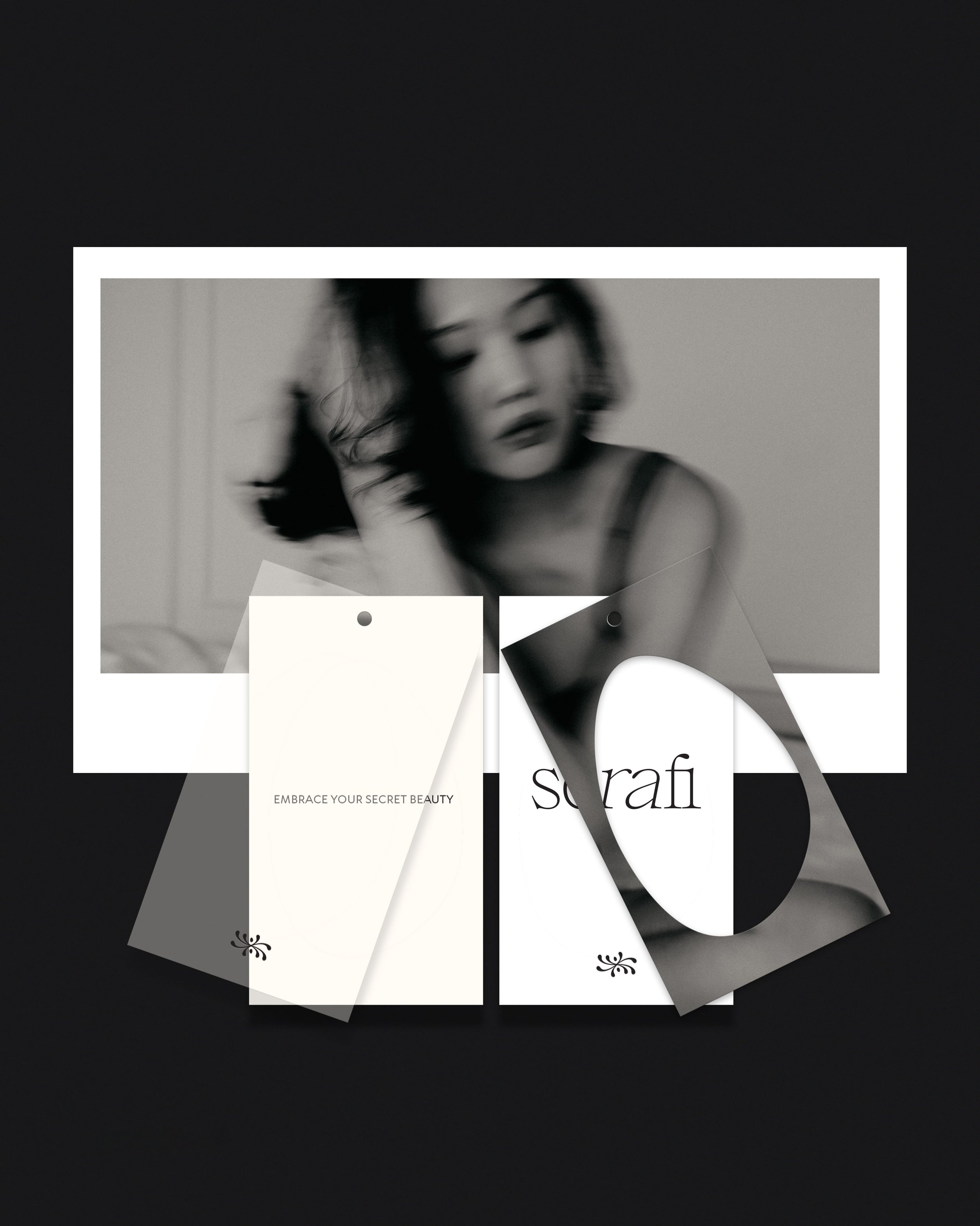 Black and white photos of a woman with wavy hair and makeup, along with beauty products and promotional material for the brand 'srafi' on a dark surface.