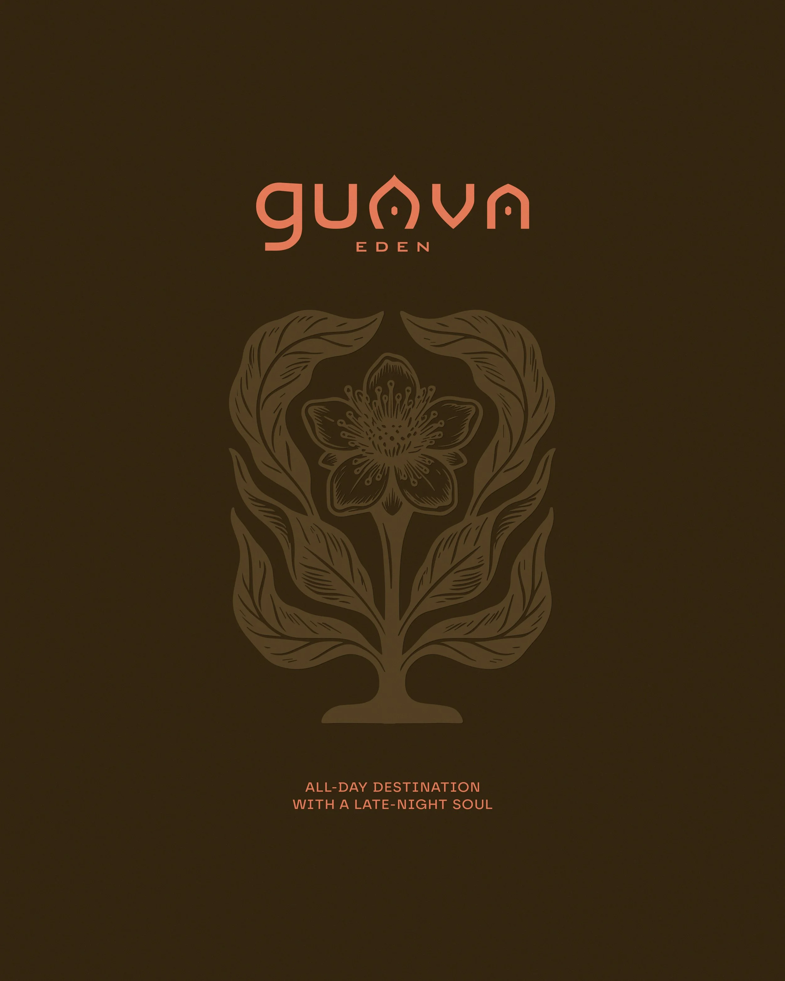 Nighttime scene with illuminated text "guava EDEN" and decorative floral pattern. Tagline reads "All-day destination with a late-night soul."