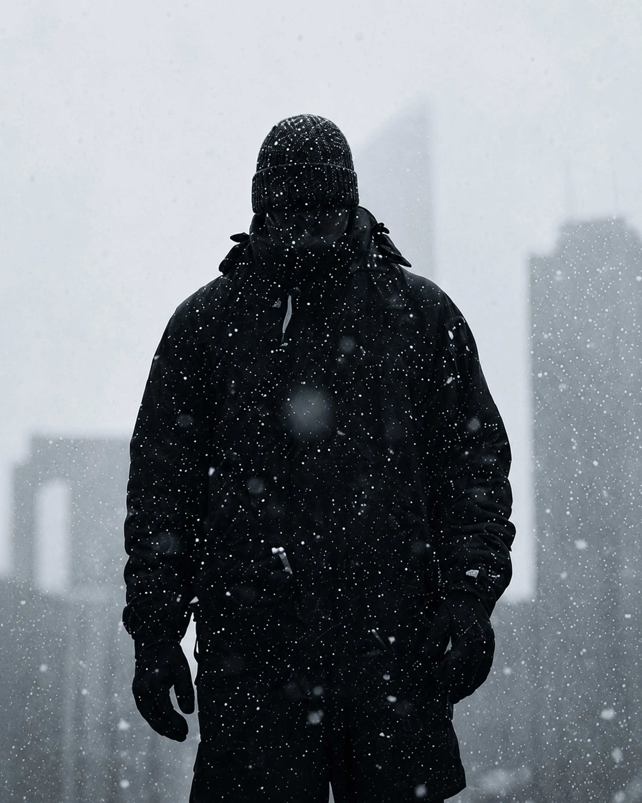 Person dressed in black winter coat and beanie hat with snow falling around them, background of a foggy cityscape.