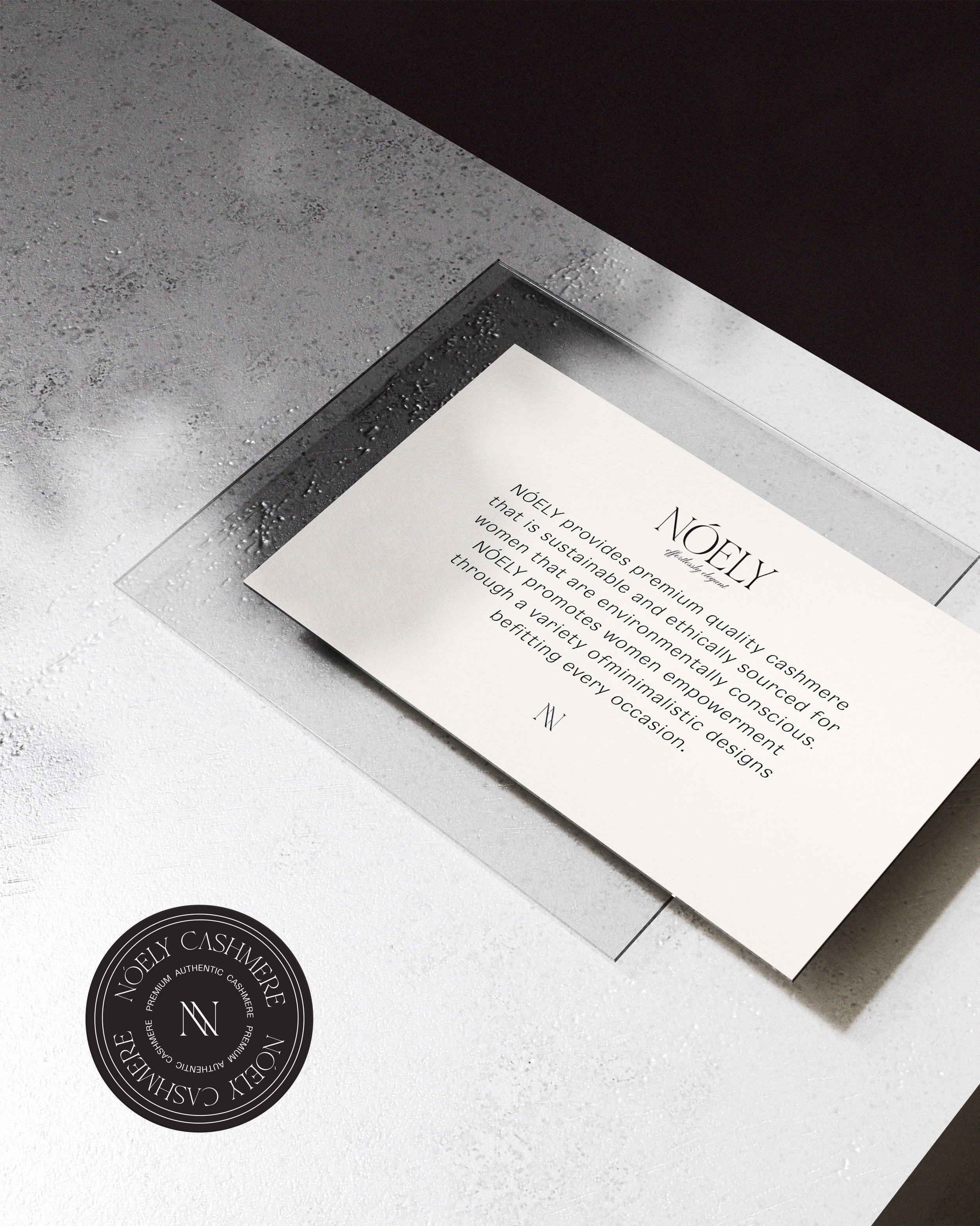 Close-up of a package with the brand name 'NOELY' and a black circular logo with white text reading 'PREMIUM AUTHENTIC CASHMERE' and 'NOELY' at the center, placed on a textured metallic surface.