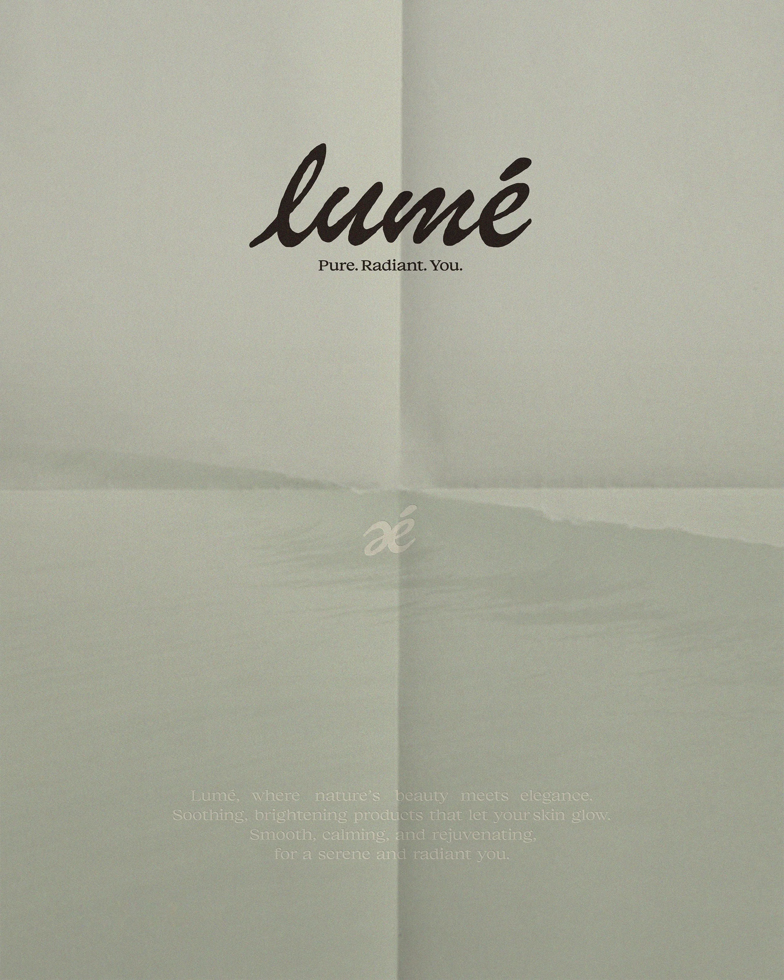 A soft green and white product packaging with the brand name 'lumé' in black script and the tagline 'Pure. Radiant. You.' beneath it. The packaging also has faint, small descriptive text at the bottom. The overall design gives a minimal, elegant, and