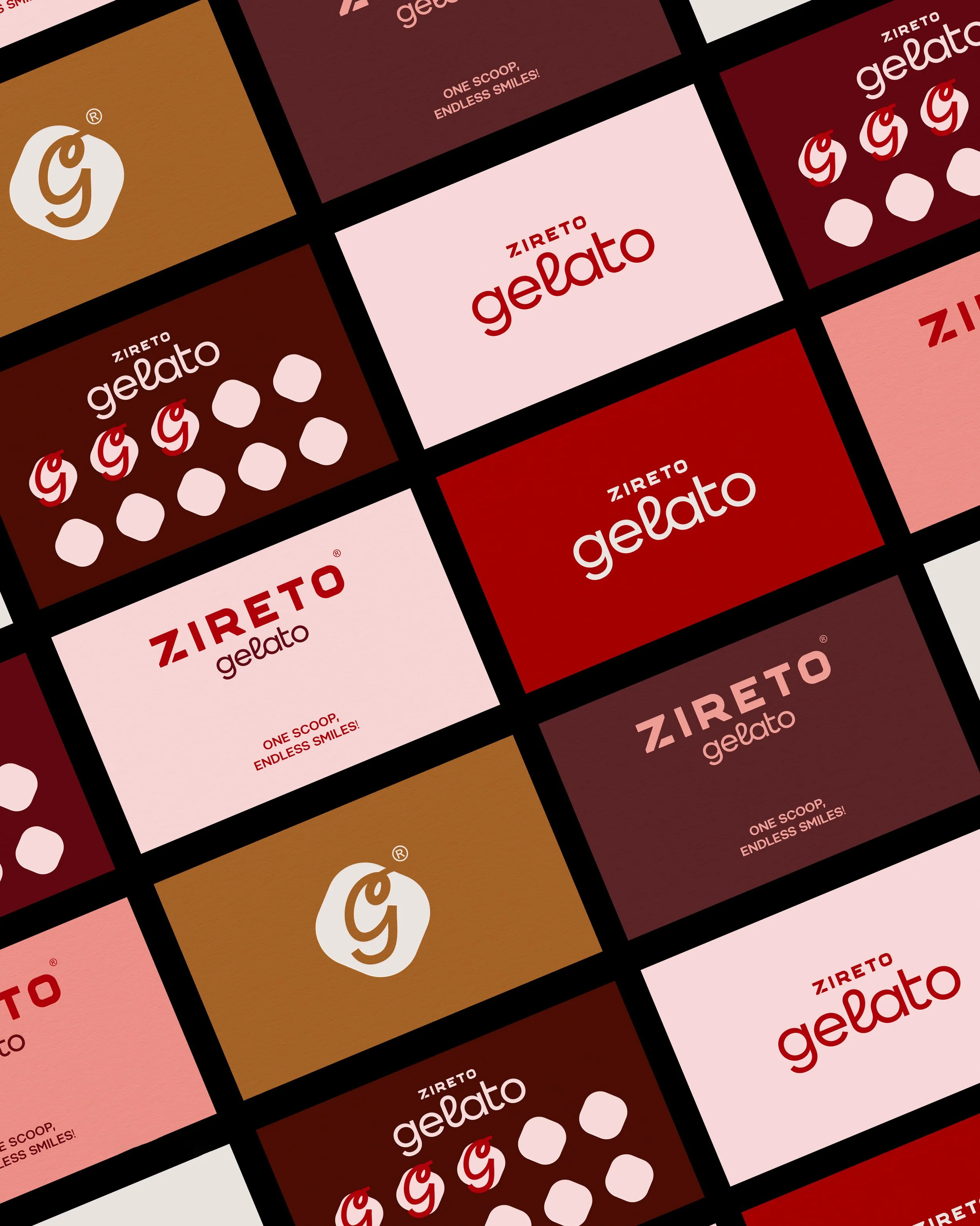 Patterned background with various boxes displaying the ZIRETO gelato brand logo, tagline, and graphic elements, in shades of brown, red, pink, and white.