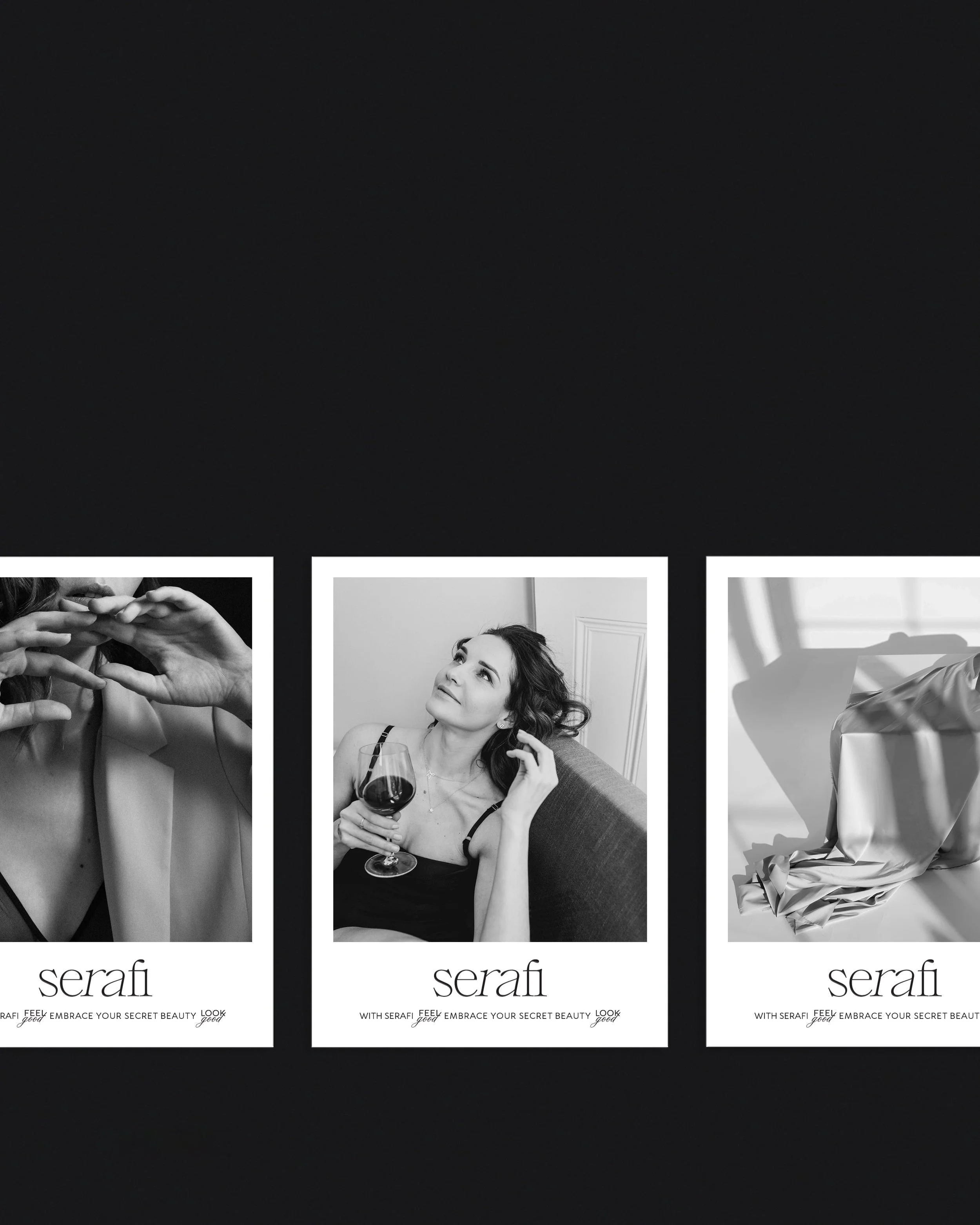 Three black-and-white magazine covers featuring a woman with dark curly hair. The woman is shown in different poses, holding a glass of red wine, and interacting with a camera or other objects. The magazine is titled "seraï" and includes the tagline 