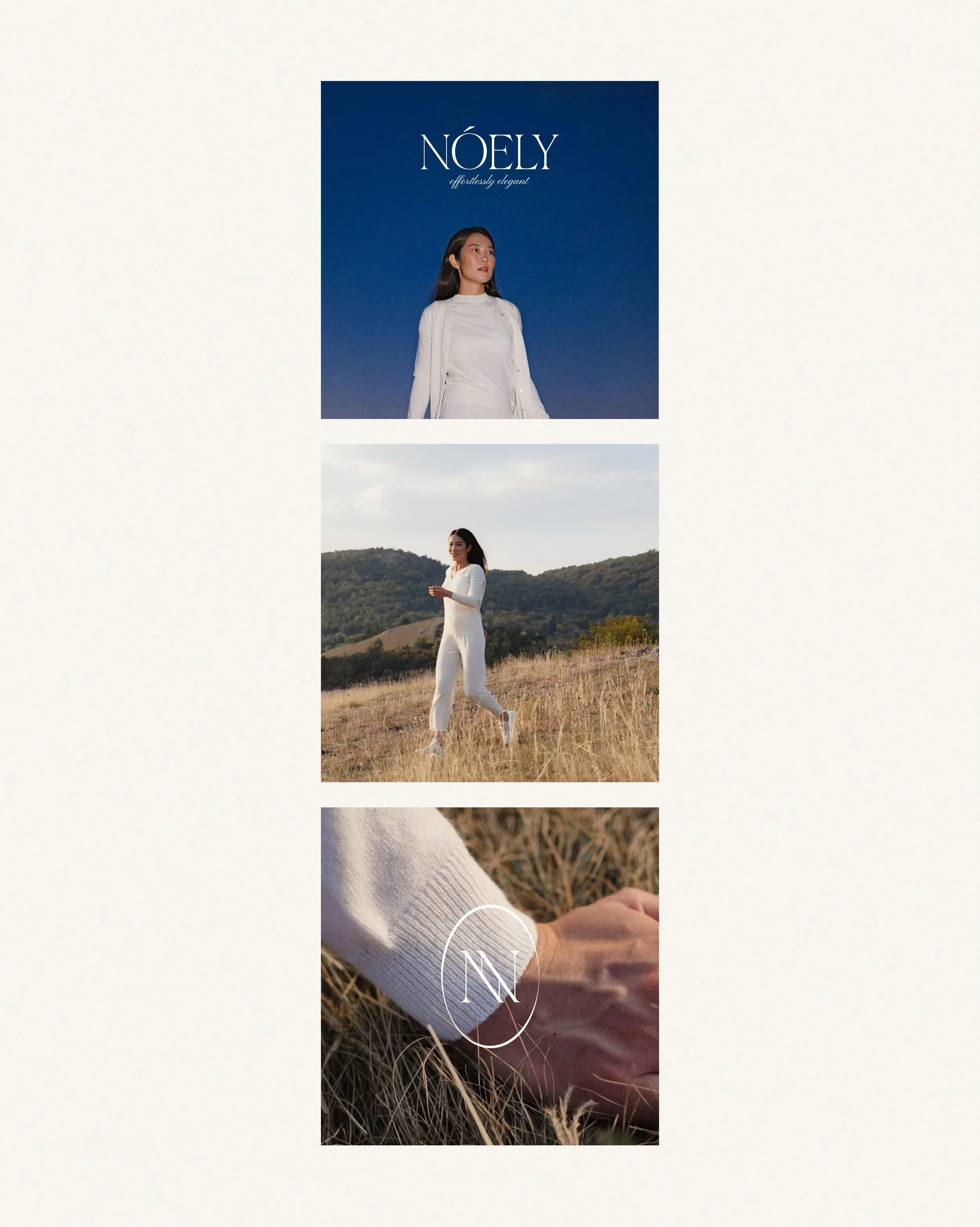 Multiple photos showing a woman in white clothing outdoors, standing in a field with hills in the background, and a close-up of her hand holding a piece of paper or fabric, with a white logo overlapping the images.