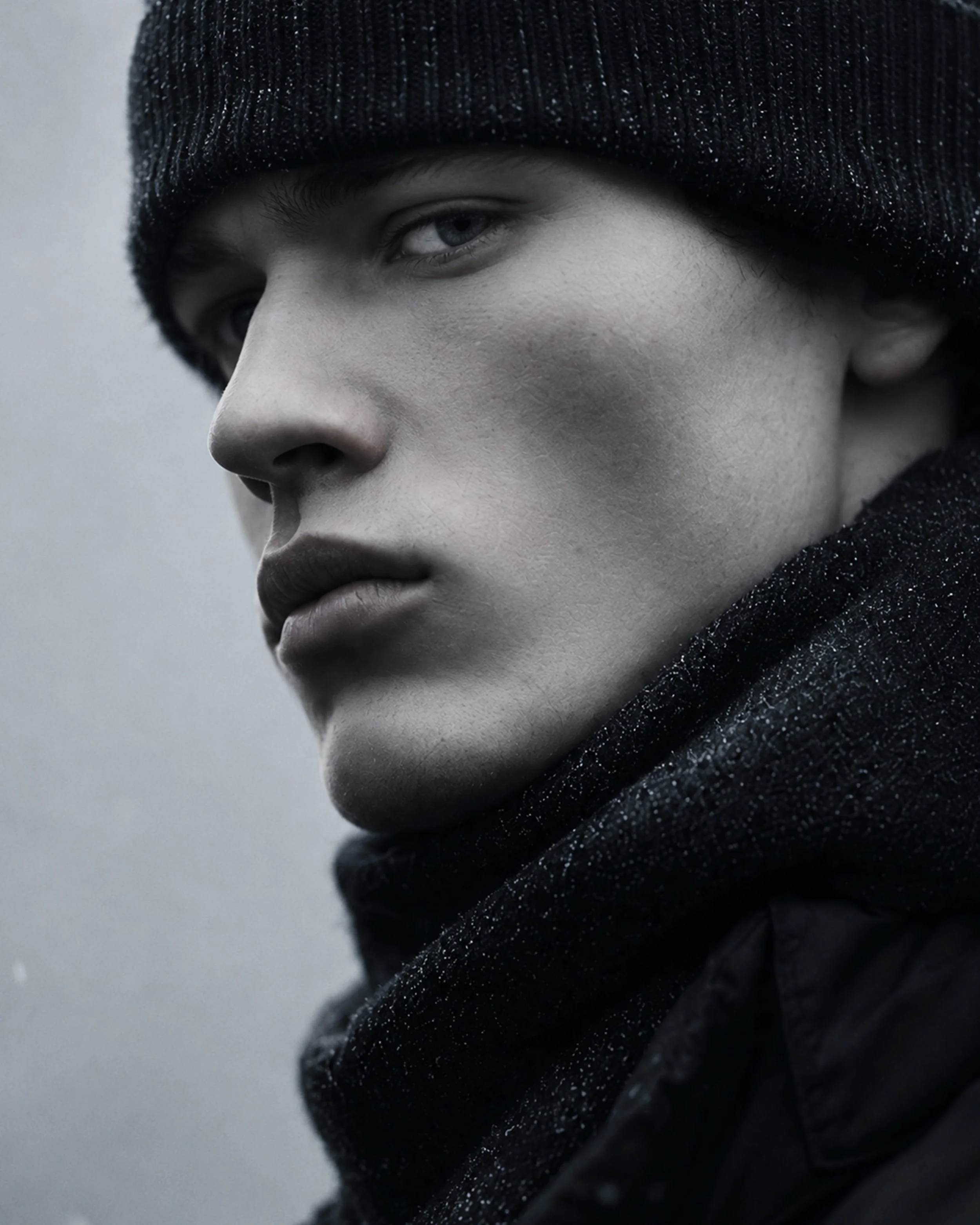 Close-up of a person's face with pale skin, wearing a black knit beanie hat, and wrapped in a black textured scarf or coat, with a neutral expression and visible eye.