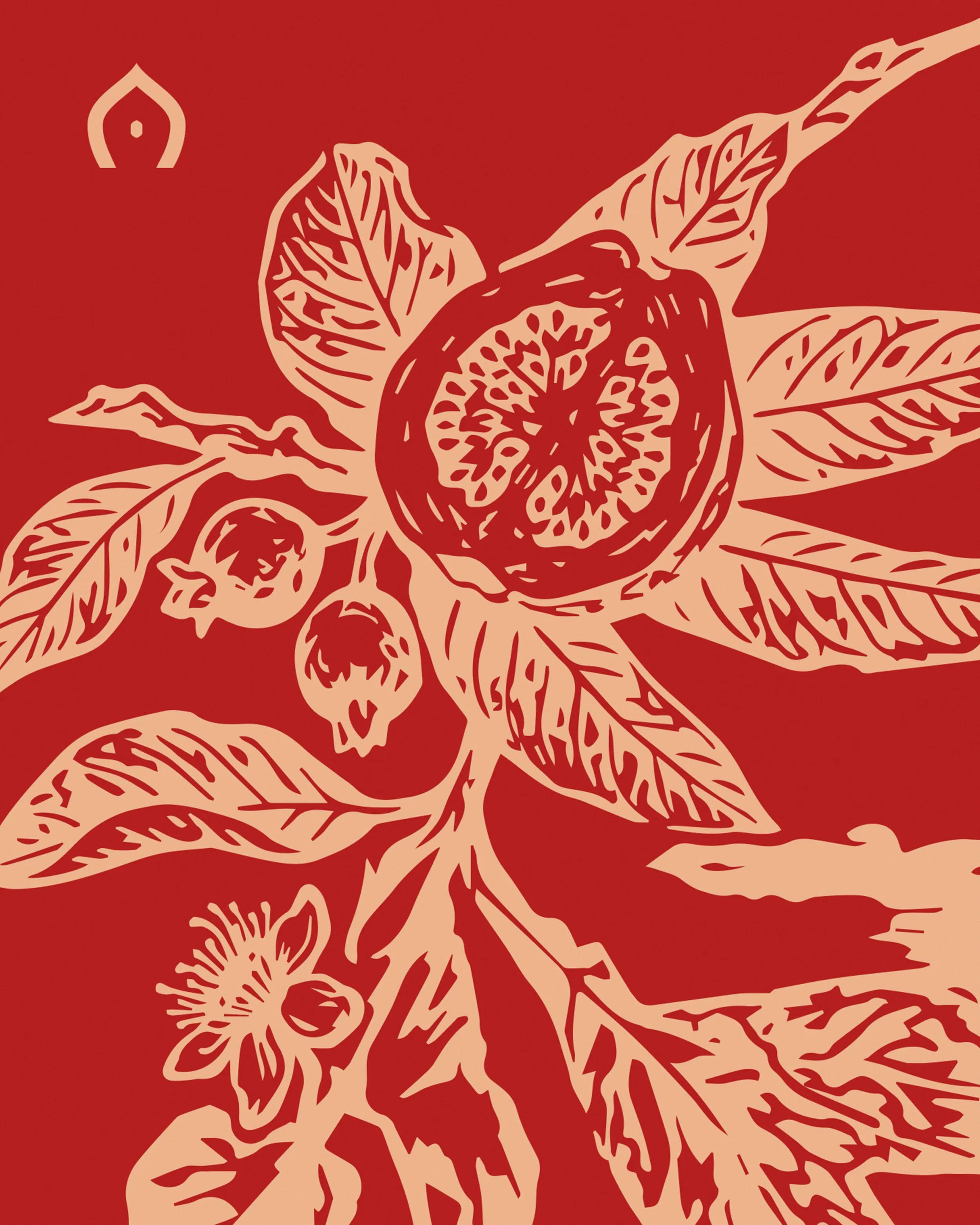 A stylized illustration of a giraffe with a leaf motif, in beige against a red background.