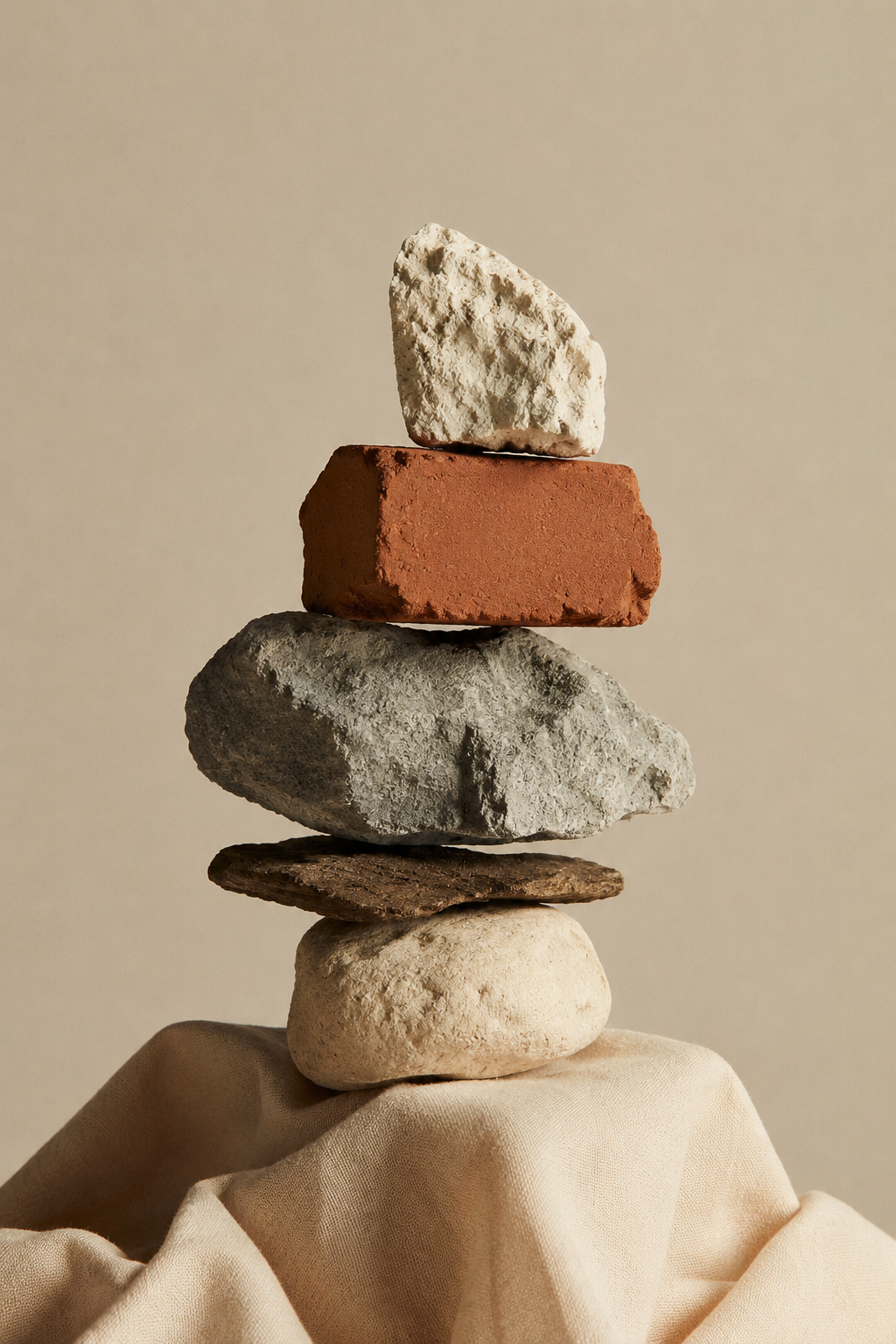 Stacked stones and bricks with a beige fabric surface against a plain beige background.