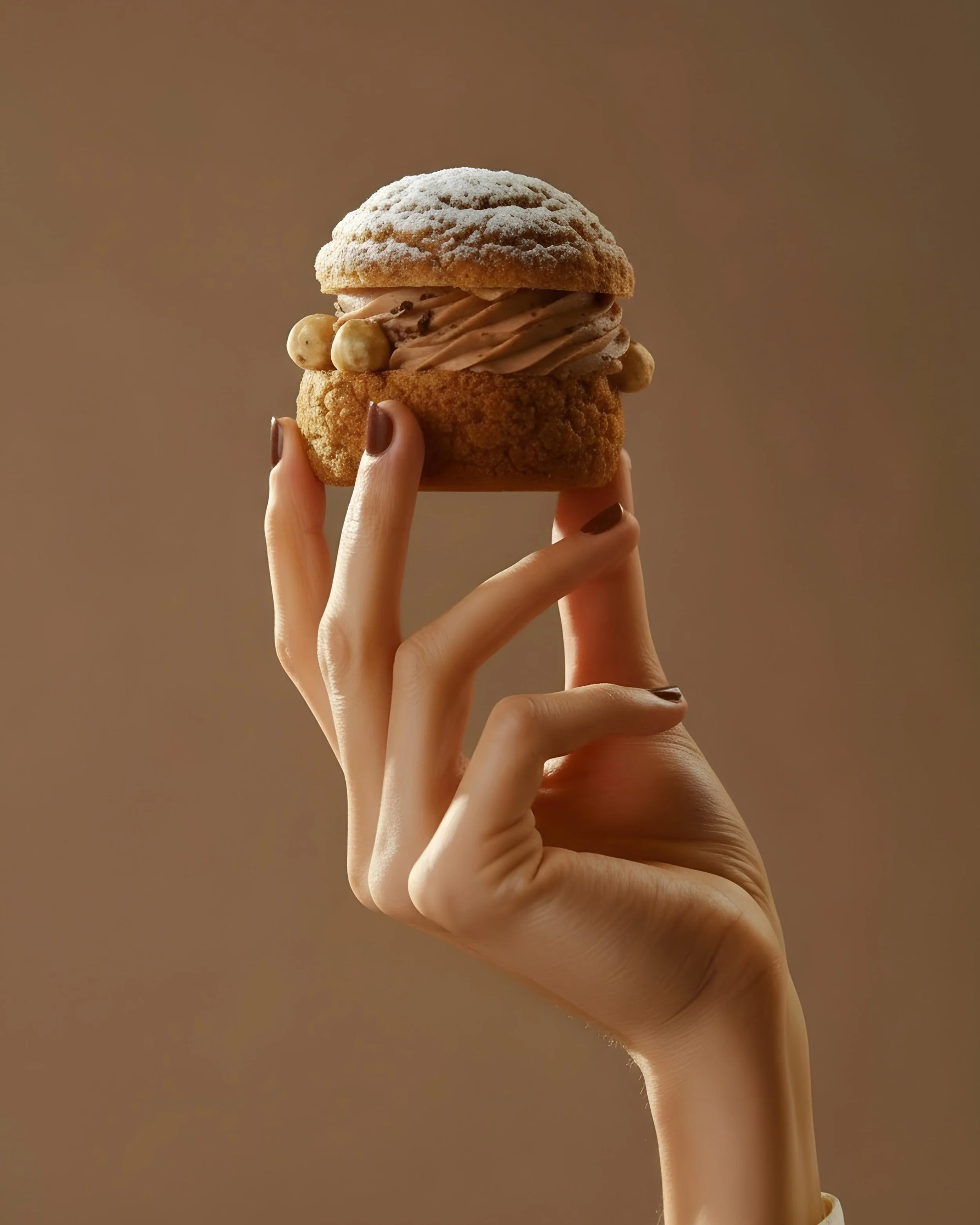 A hand with dark-colored nail polish holding a large, round, powdered pastry filled with whipped cream and small chocolate chips, against a plain, brown background.