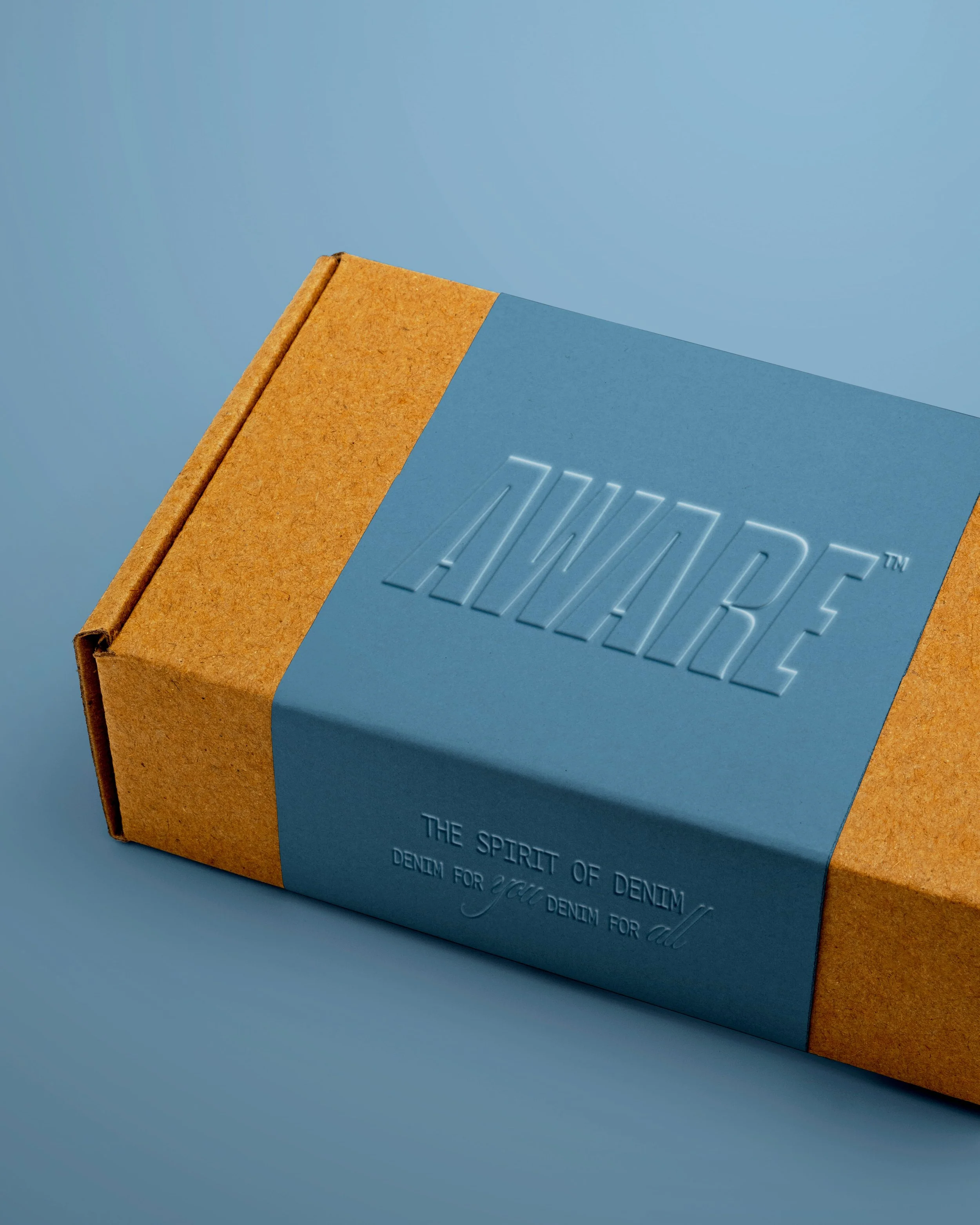 Close-up of a blue and brown cardboard box with embossed text, against a plain blue surface.