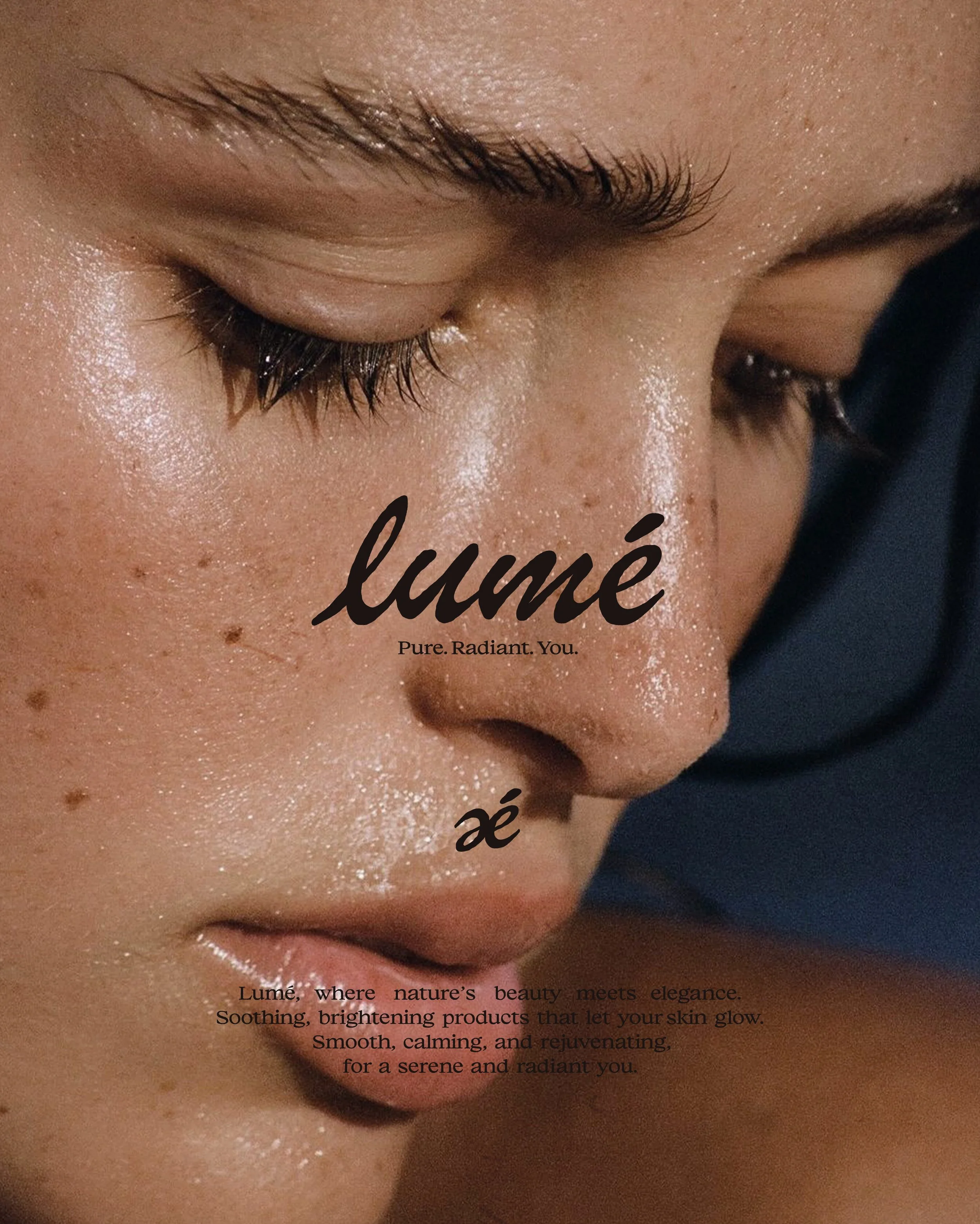 Close-up of a person's closed eyes, showing long eyelashes and smooth skin with some freckles. Overlaid text includes the words 'lumé,' 'xé,' and description about skincare products.