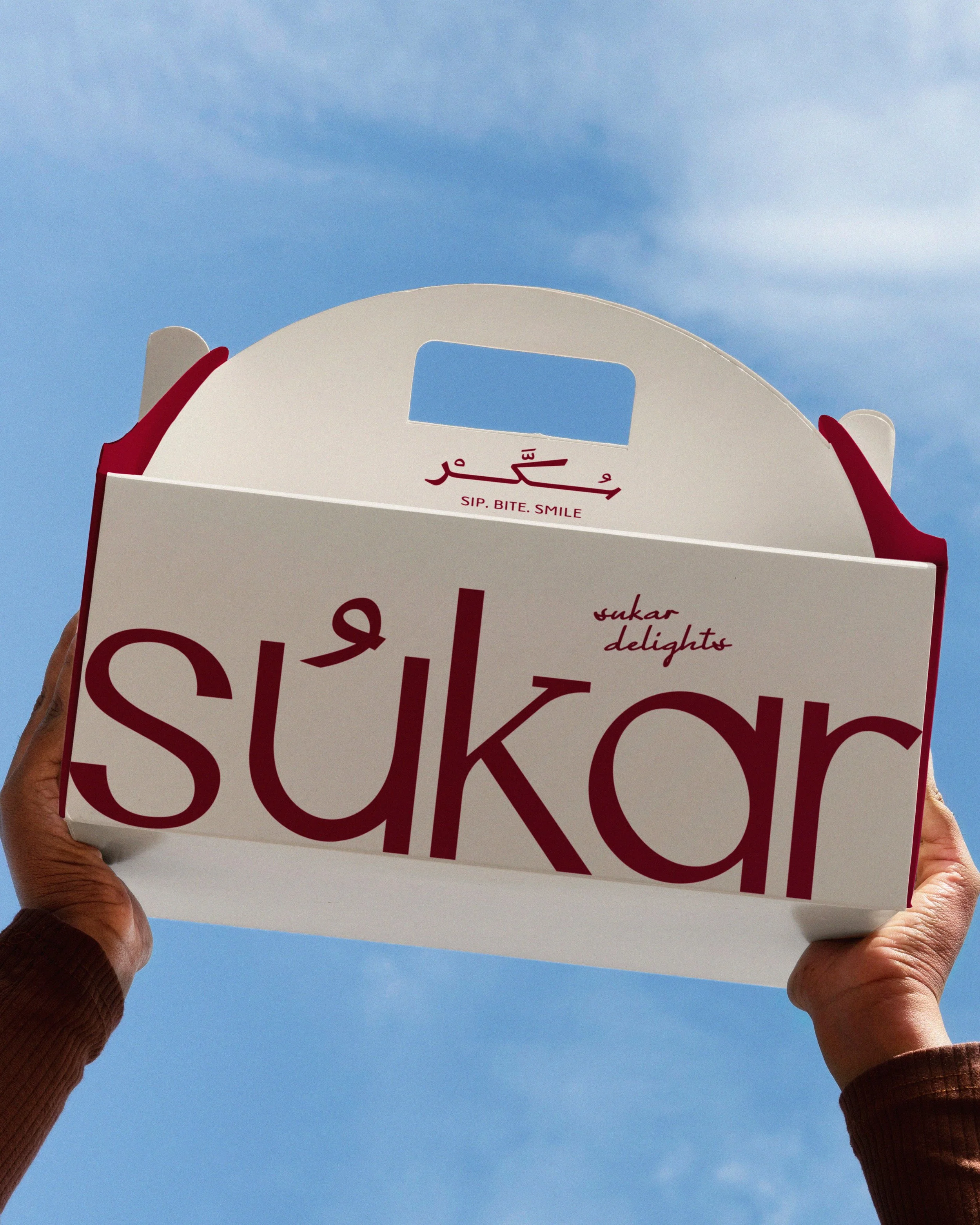 Person holding a white box with red text and a handle, against a blue sky background.