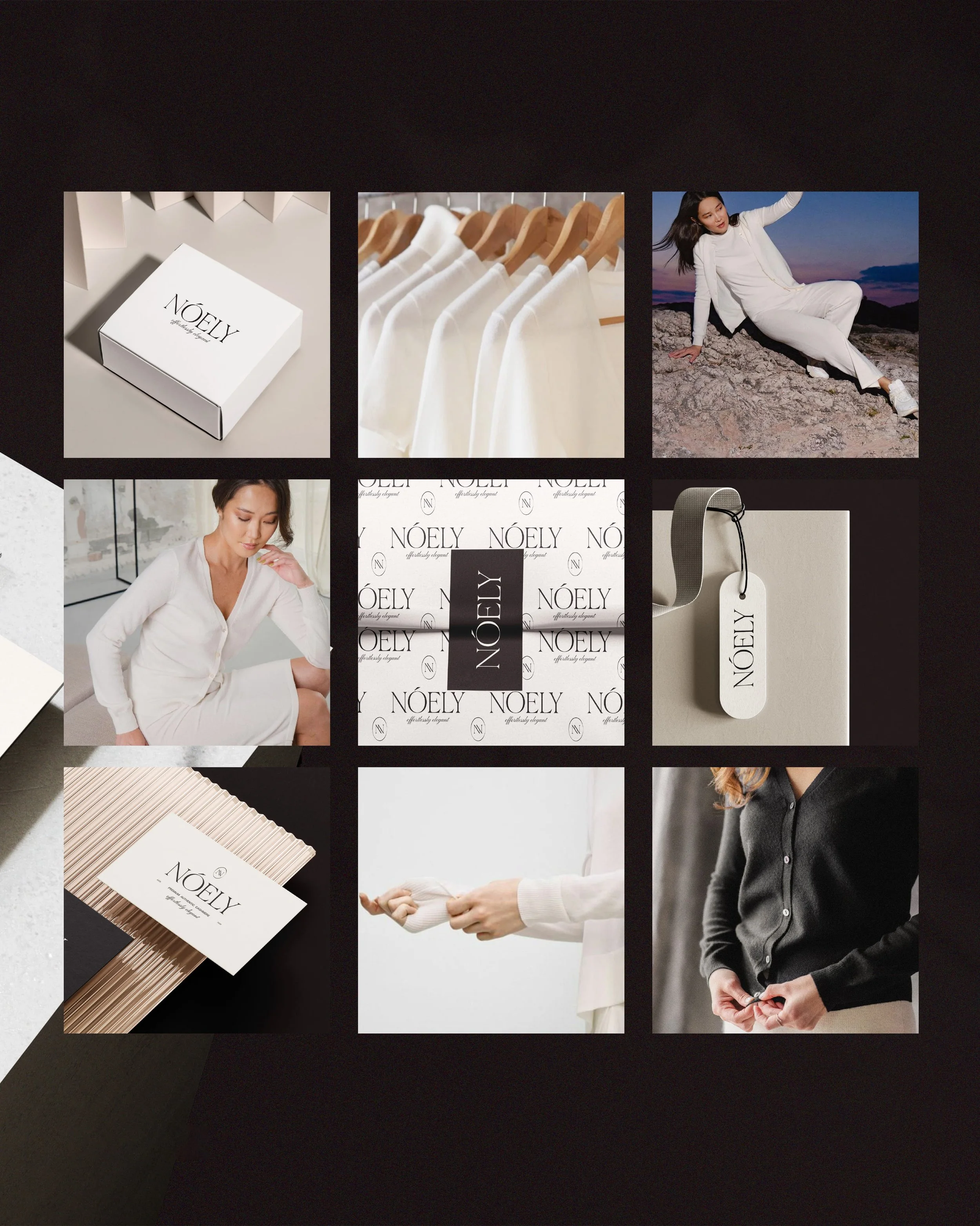 Collage of images showing clothing, a woman sitting on rocks outdoors, a woman looking at her phone indoors, branded packaging labeled 'NOÉLY,' and a product with a tag, all related to fashion or retail branding.
